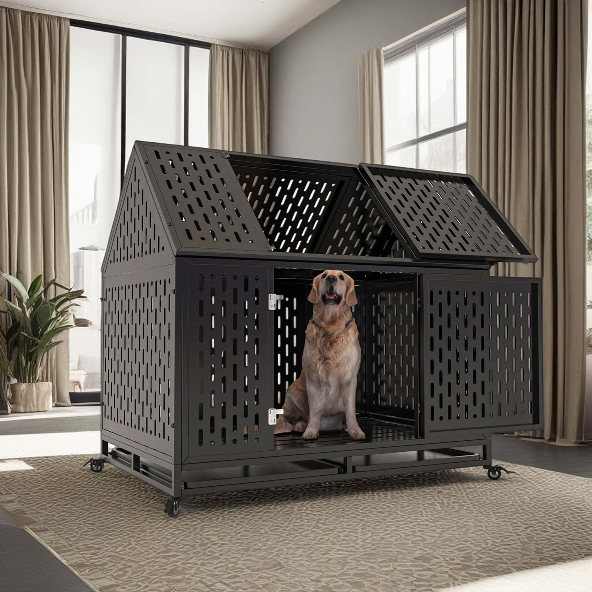 Pefilos 45" Large Dog Cage for Indoor Heavy Duty Metal Dog Crate Kennel with 4 Universal Wheels, Openable Pointed Top and Front Door, Black Pefilos 45" Large Dog Cage for Indoor Heavy Duty Metal Dog Crate Kennel with 4 Universal Wheels, Openable Pointed Top and Front Door, Black