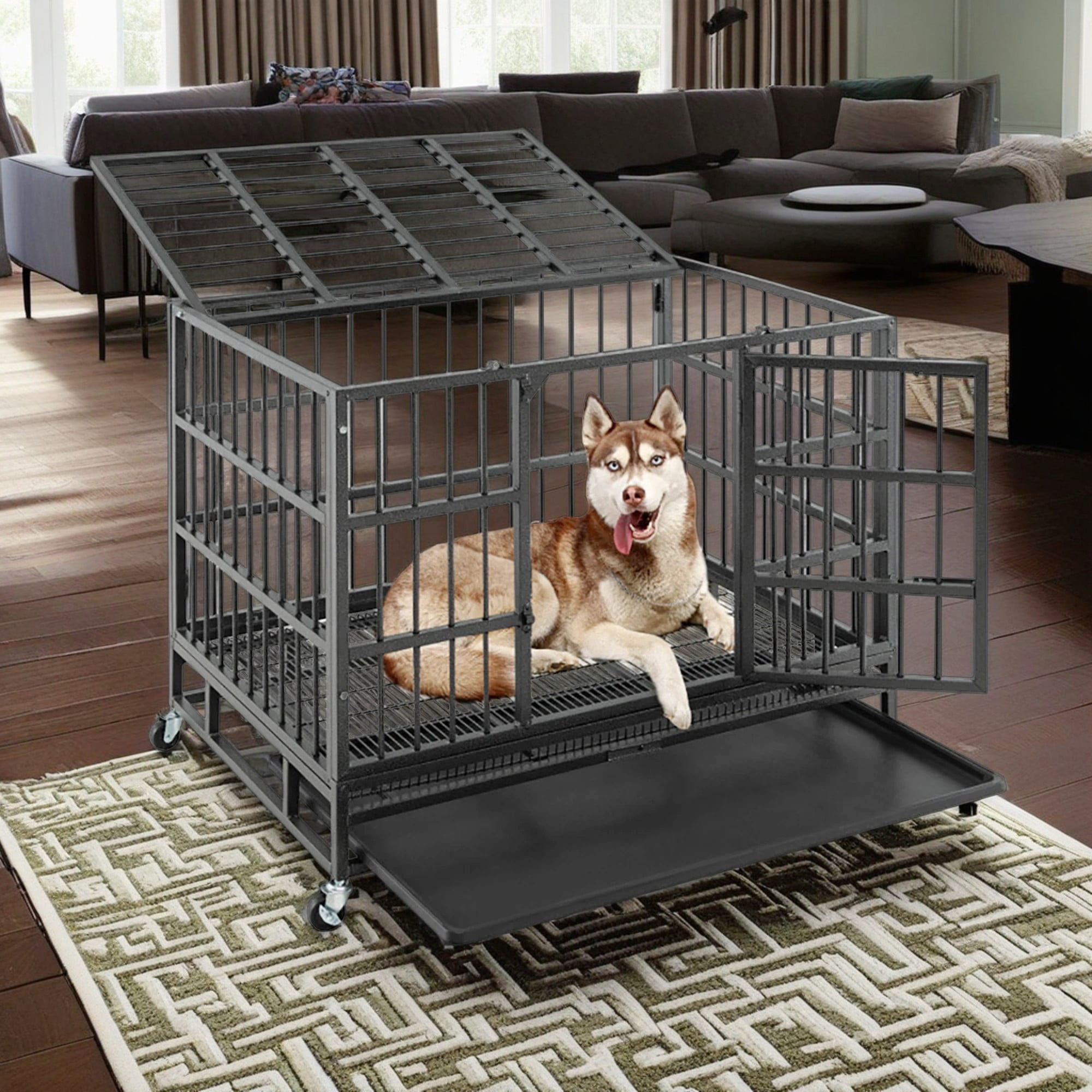 Pefilos 37" Large Dog House Indoor for Dogs, Heavy Duty Dog Crate, Escape Proof Dog Cage Kennel with Removable Tray and Wheels, Black, M Pefilos 37" Large Dog House Indoor for Dogs, Heavy Duty Dog Crate, Escape Proof Dog Cage Kennel with Removable Tray and Wheels, Black, M