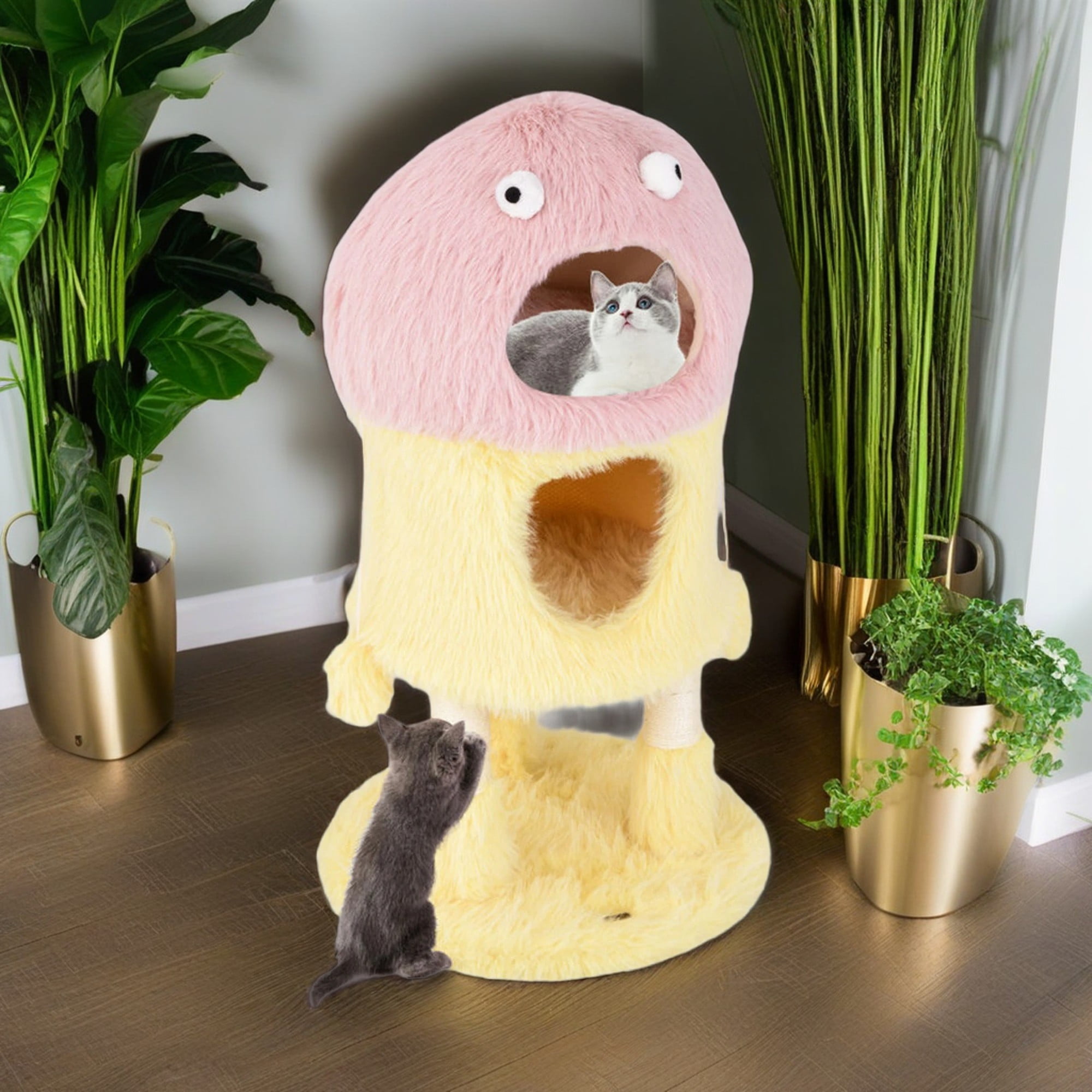 Pefilos 37" Monster-Themed Cat Tree Tower with 2 Condo, Kitten Plush Habitat with Scratch Posts Toy Cat Tree House, Yellow Pefilos 37" Monster-Themed Cat Tree Tower with 2 Condo, Kitten Plush Habitat with Scratch Posts Toy Cat Tree House, Yellow