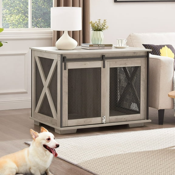 Pefilos 37" Wood Dog Crate Furniture, Heavy Dog Kennel Pet House with Sliding Barn Door, Indoor Dog Cage for Large Dogs, Gray