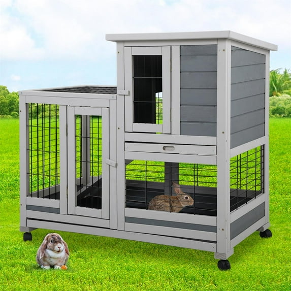Pefilos 37" Wood Rabbit Hutch Rabbit Cage Bunny Hutch Large Bunny Cage Indoor Outdoor Two Story Guinea Pig Hamster Hutch Rabbit House Pet with No Leak Trays - 4 Casters Include Hen House, Gray