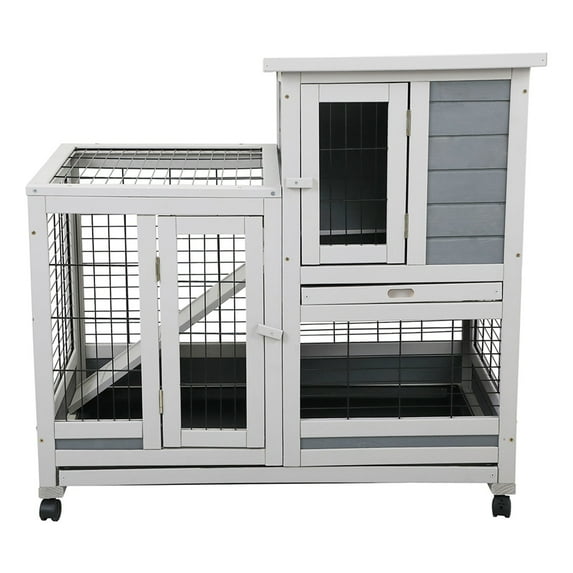Pefilos 37" Wood Rabbit Hutch Rabbit Cage Bunny Hutch Indoor Outdoor Guinea Pig Hamster Hutch House, Gray