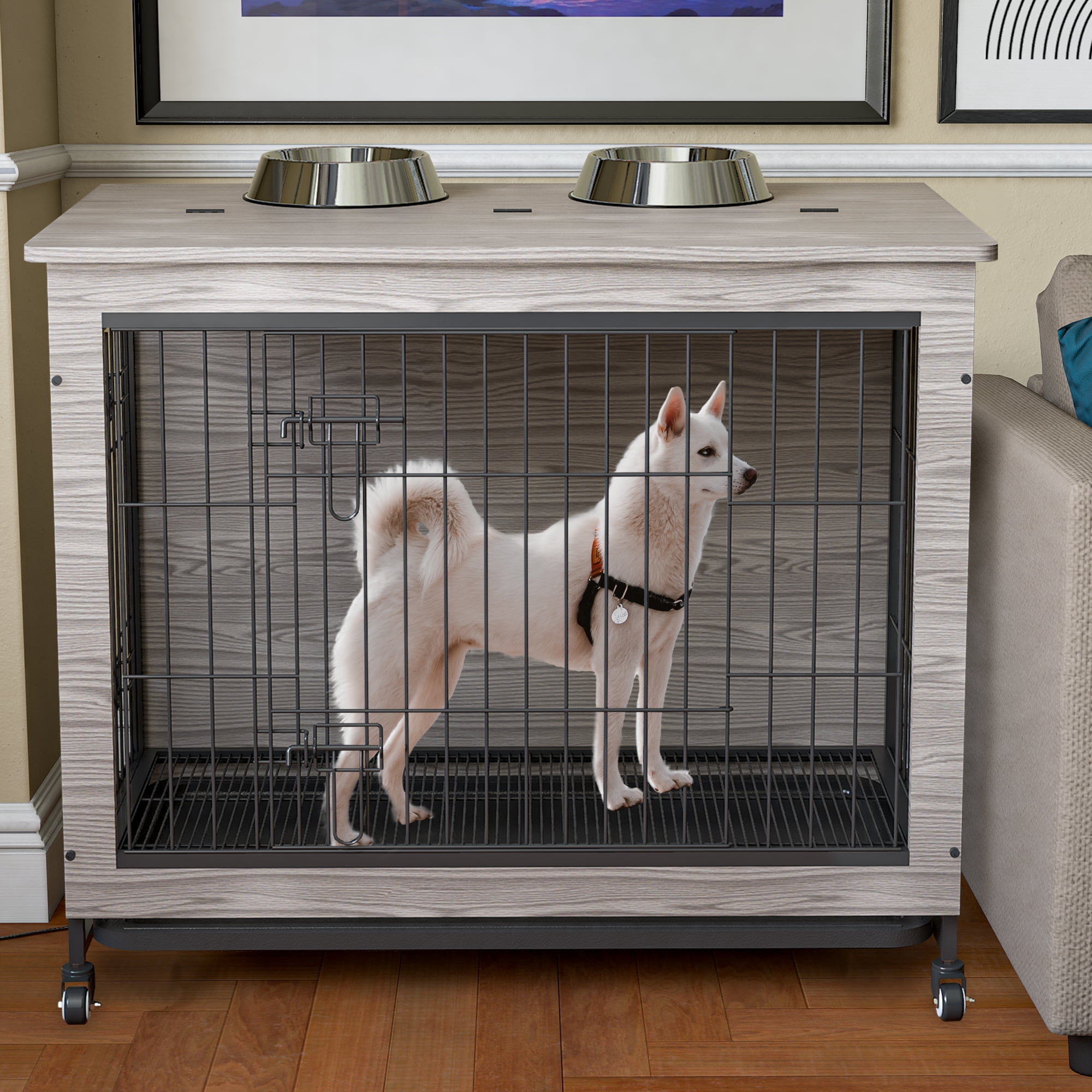 Pefilos 38.3" Double-Doors Dog Crate with Cushion, Indoor Wooden Dog Cage Furniture, Dog House Kennel for Small Dogs, Gray Pefilos 38.3" Double-Doors Dog Crate with Cushion, Indoor Wooden Dog Cage Furniture, Dog House Kennel for Small Dogs, Gray
