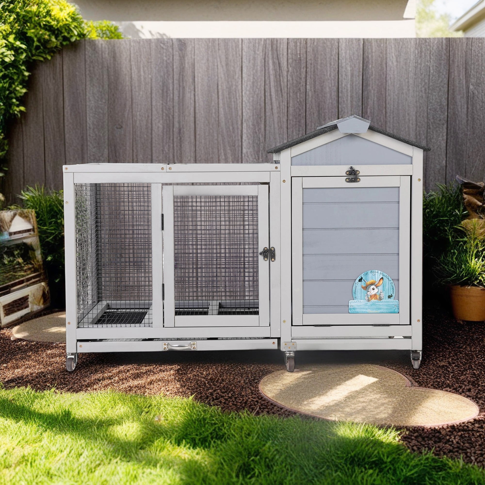 Pefilos 38.6" Outdoor Wooden Rabbit Hutch with Wheels, Guinea Pig Hutch with Run, Doors, Sunlight Roof, No Leaking Tray, Indoor Pet Cages for Small Animals, Gray