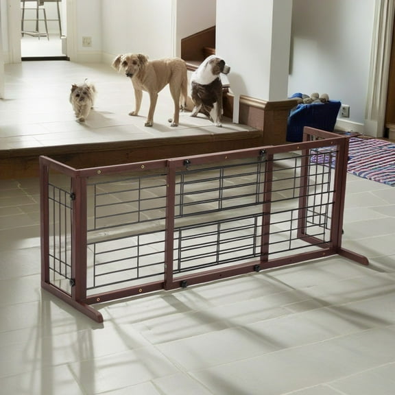 Pefilos 38"-71" Adjustable Wood Pet Gate for Dogs, Indoor Freestanding Dog Fence for Doorways, Stairs, Brown
