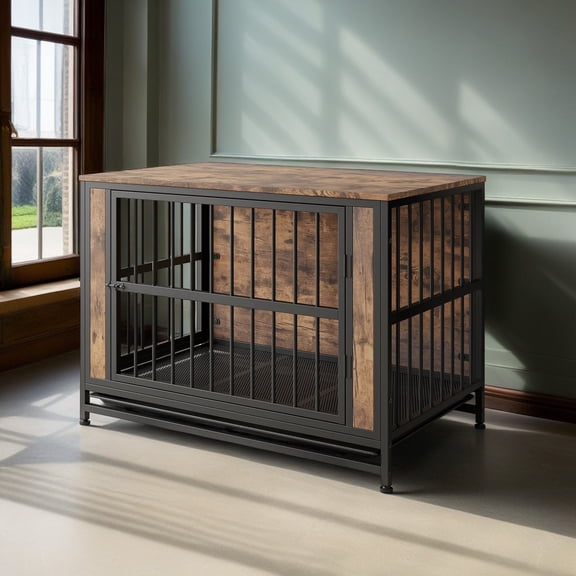 Pefilos 38" Dog Crate Furniture, Wooden Dog Kennel for Dogs with Removable Tray, Heavy-Duty Dog Cage End Table, Double Doors Dog House, Brown