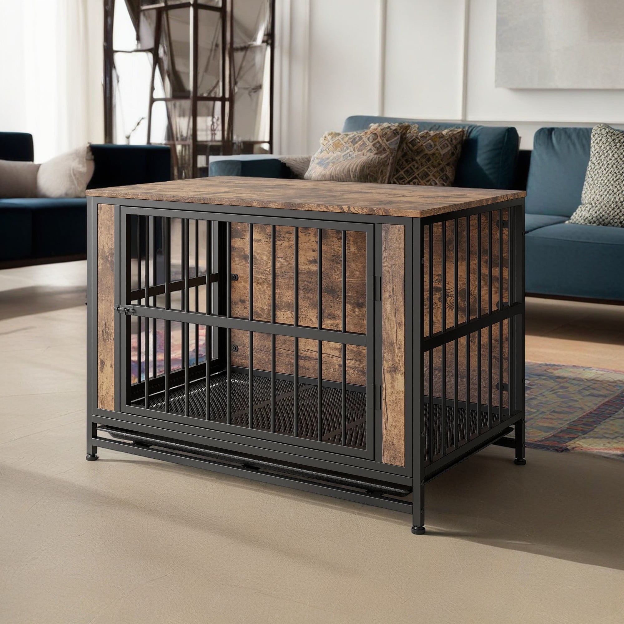 Pefilos 38" Dog Crate Furniture, Wooden Dog Kennel with 2 Sliding Doors and Thick Iron Door Frame, Decorative Dog Cage for Small Dog Indoor, Brown Pefilos 38" Dog Crate Furniture, Wooden Dog Kennel with 2 Sliding Doors and Thick Iron Door Frame, Decorative Dog Cage for Small Dog Indoor, Brown