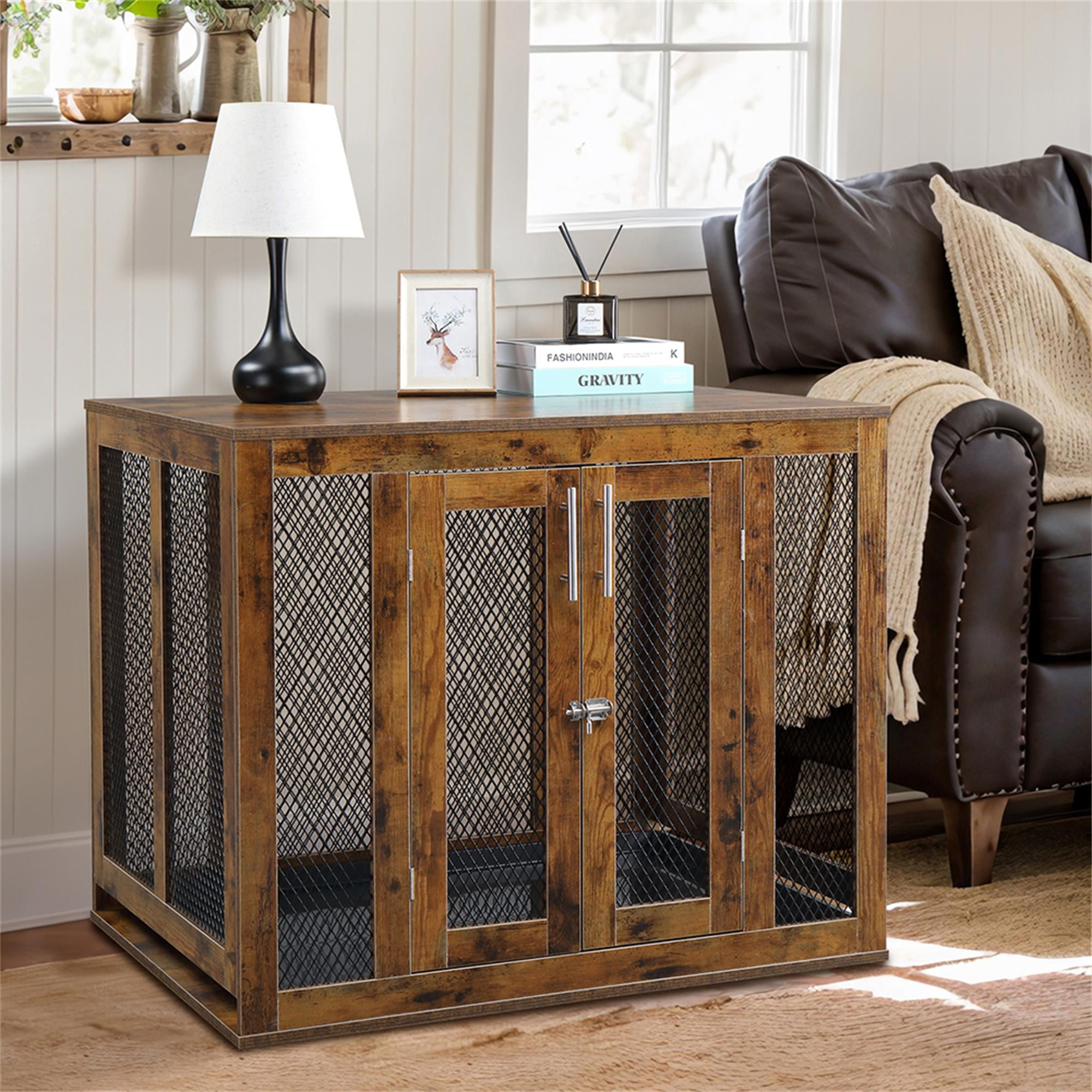 Pefilos 38" Dog Crate Furniture with Tray, Side End Table Wooden Dog Cage with Cushion, Dog Kennel Dog House Indoor for Large Dogs, Brown Pefilos 38" Dog Crate Furniture with Tray, Side End Table Wooden Dog Cage with Cushion, Dog Kennel Dog House Indoor for Large Dogs, Brown