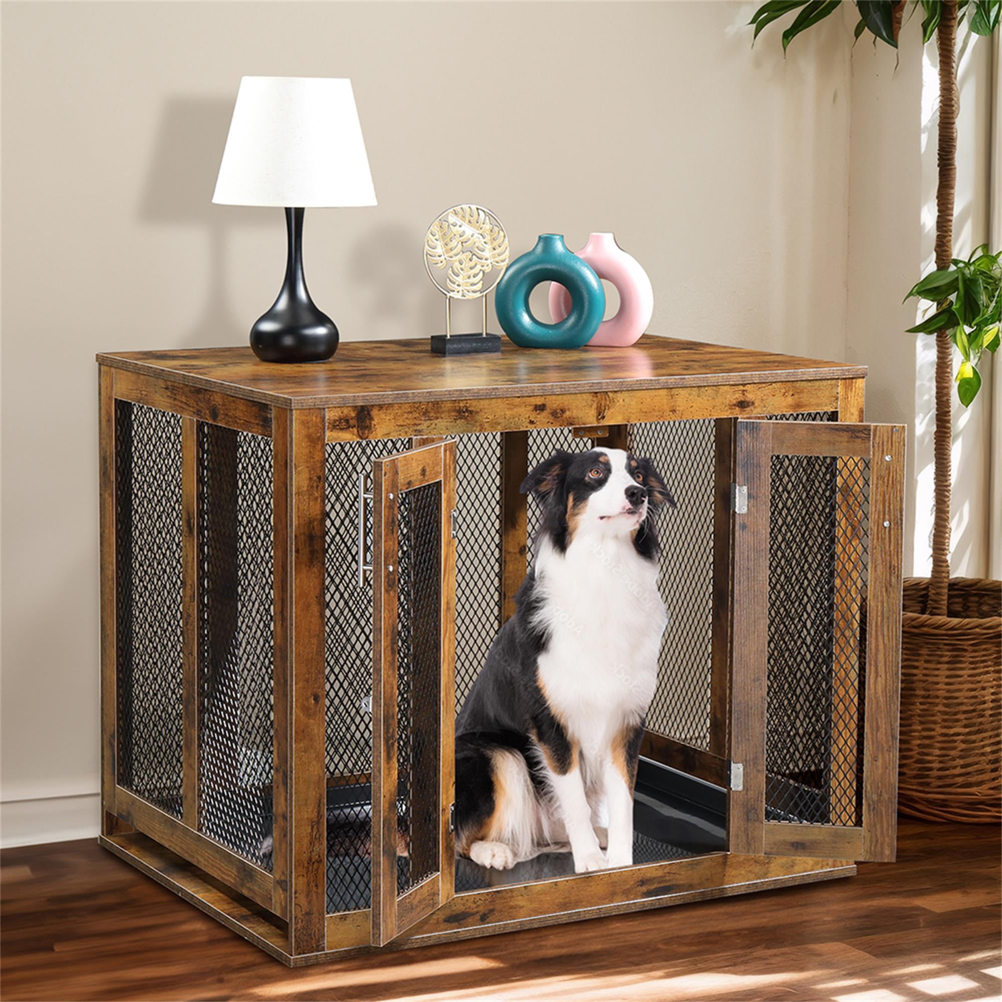 Pefilos 38" Dog Crate Furniture with Tray for Large Dogs, Indoor Puppy Kennel Pet House with Door, Modern Wood Dog Cage End Side Table, Brown Pefilos 38" Dog Crate Furniture with Tray for Large Dogs, Indoor Puppy Kennel Pet House with Door, Modern Wood Dog Cage End Side Table, Brown