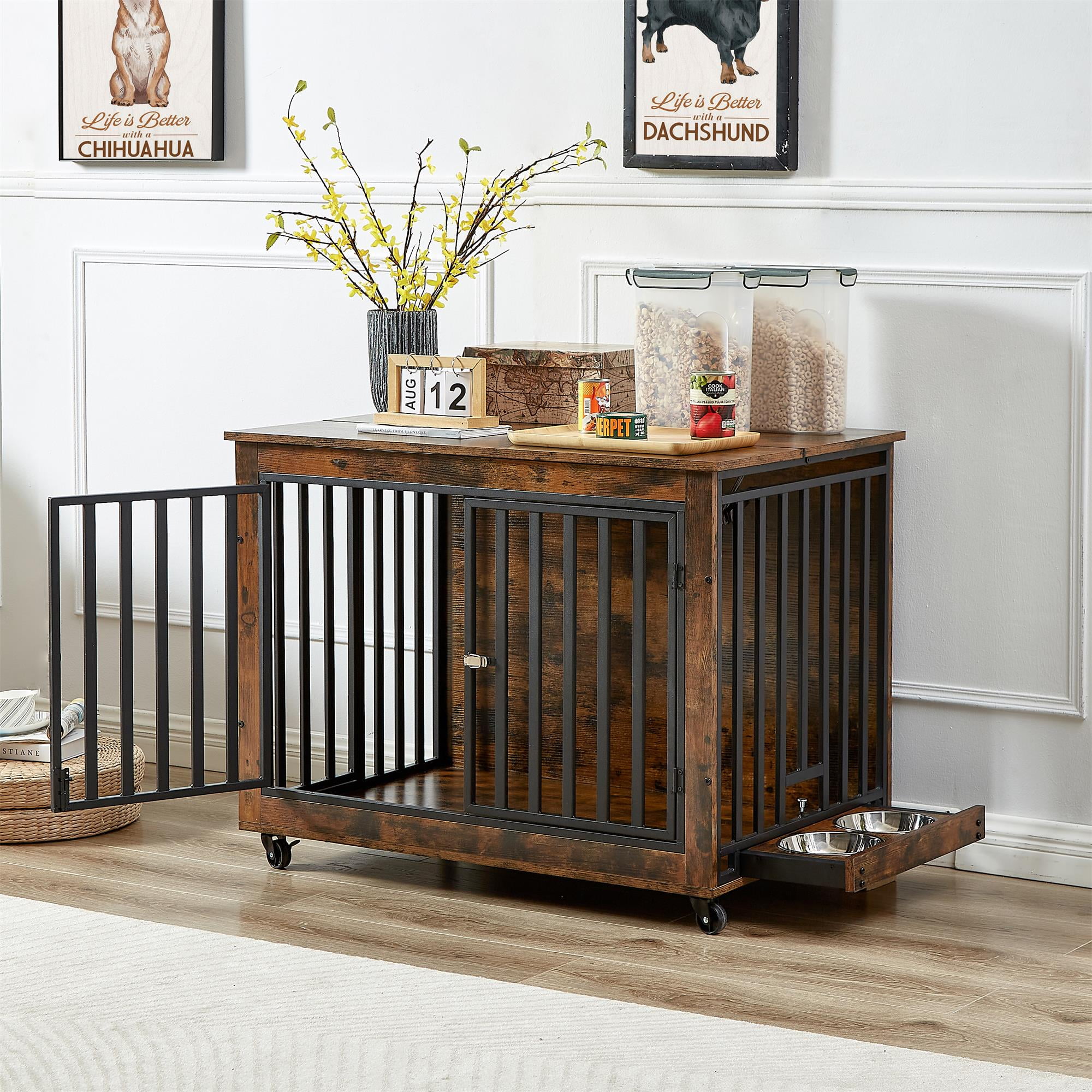 Pefilos 38" Dog Crate with Feeding Bowl, Wheels, Three Doors Kennel Flip-Up Top Opening, Furniture Style Dog Cage for Indoor Dogs, Brown Pefilos 38" Dog Crate with Feeding Bowl, Wheels, Three Doors Kennel Flip-Up Top Opening, Furniture Style Dog Cage for Indoor Dogs, Brown