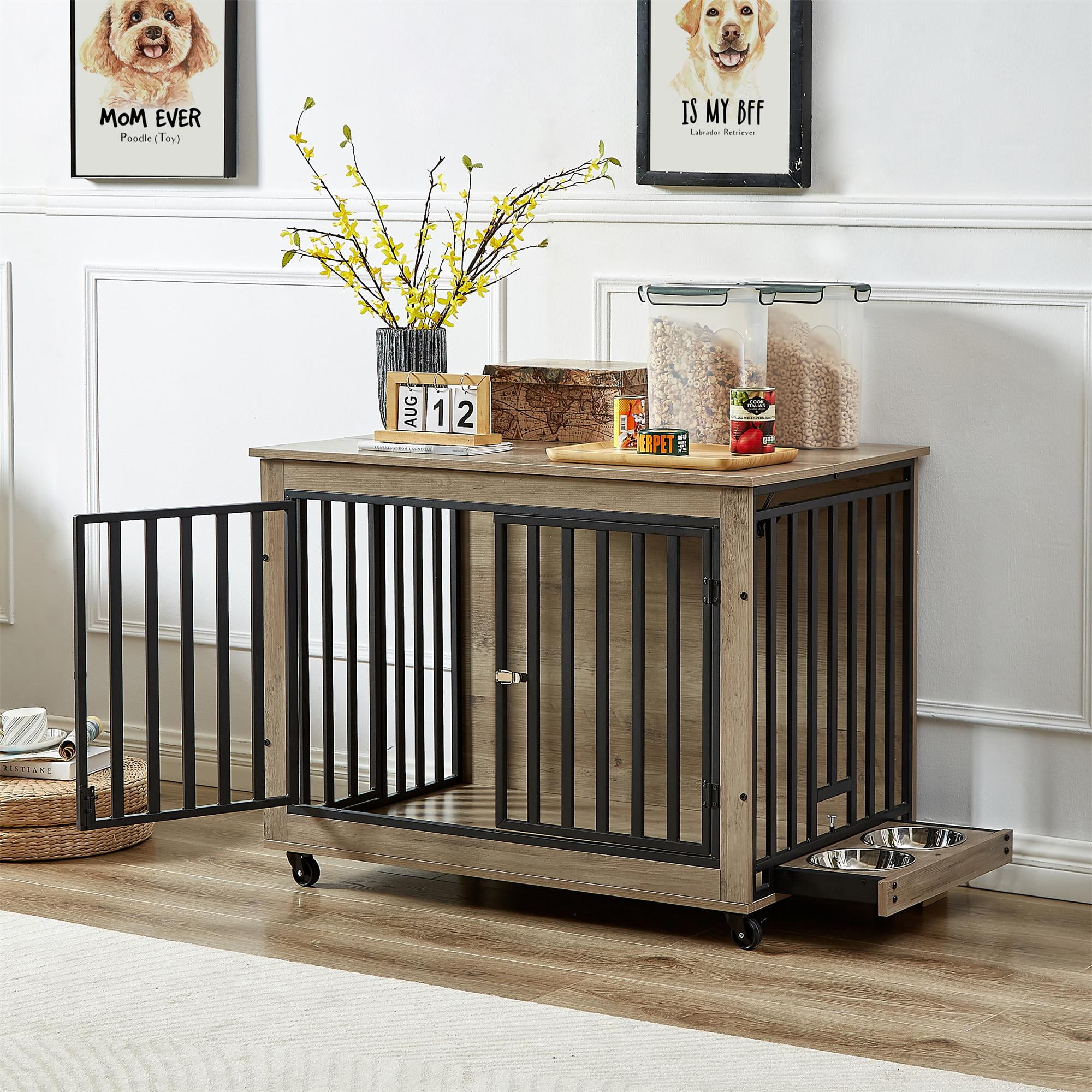Pefilos 38" Dog Crate with Feeding Bowl, Wheels, Three Doors Kennel Flip-Up Top Opening, Furniture Style Dog Cage for Indoor Dogs, Gray Pefilos 38" Dog Crate with Feeding Bowl, Wheels, Three Doors Kennel Flip-Up Top Opening, Furniture Style Dog Cage for Indoor Dogs, Gray
