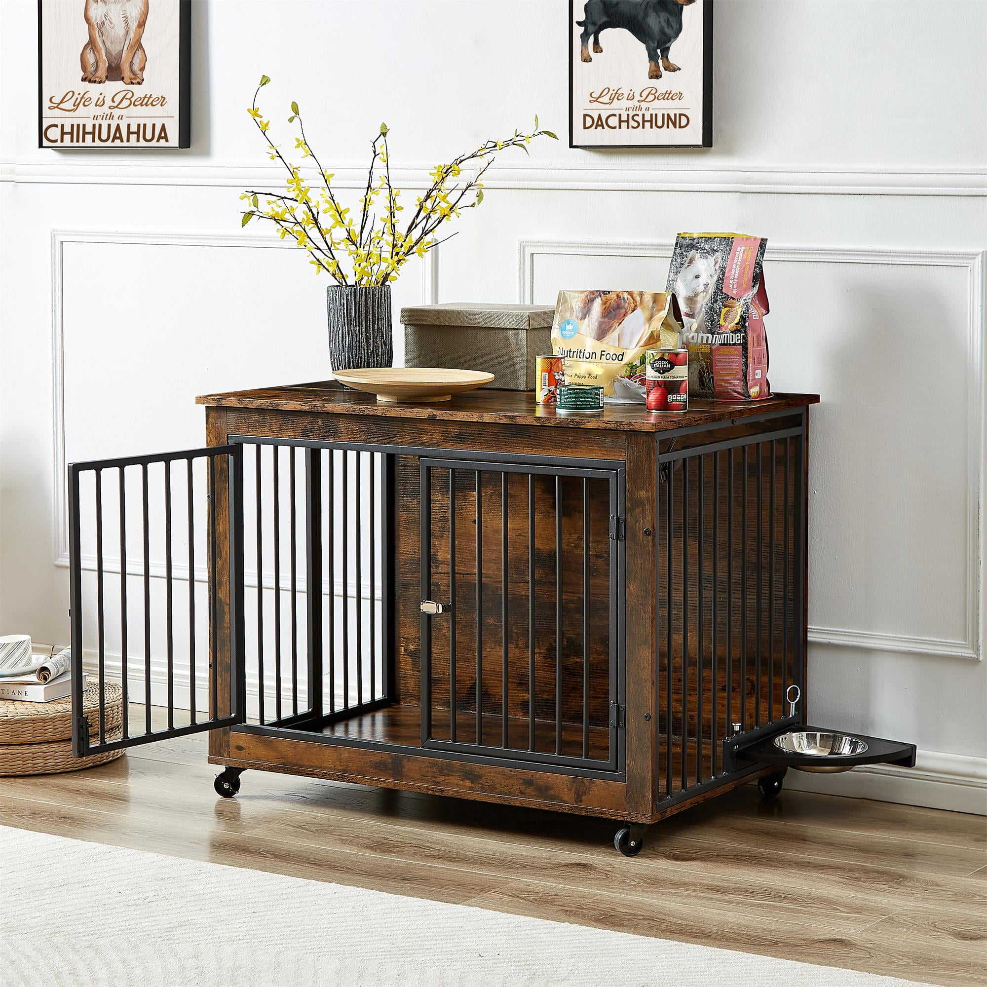Pefilos 38" Dog Crate with Rotatable Feeding Bowl, Wheels, Three Doors Kennel Flip-Up Top Opening, Furniture Style Dog Cage for Indoor Dogs, Brown Pefilos 38" Dog Crate with Rotatable Feeding Bowl, Wheels, Three Doors Kennel Flip-Up Top Opening, Furniture Style Dog Cage for Indoor Dogs, Brown