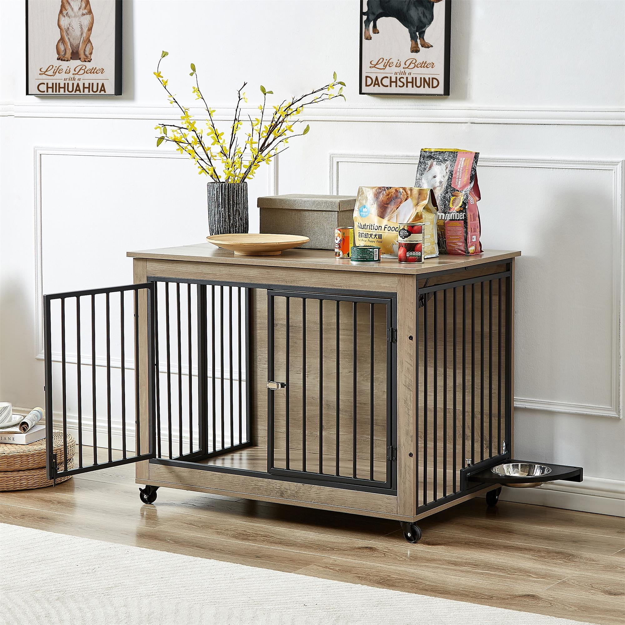 Pefilos 38" Dog Crate with Rotatable Feeding Bowl, Wheels, Three Doors Kennel Flip-Up Top Opening, Furniture Style Dog Cage for Indoor Dogs, Gray Pefilos 38" Dog Crate with Rotatable Feeding Bowl, Wheels, Three Doors Kennel Flip-Up Top Opening, Furniture Style Dog Cage for Indoor Dogs, Gray