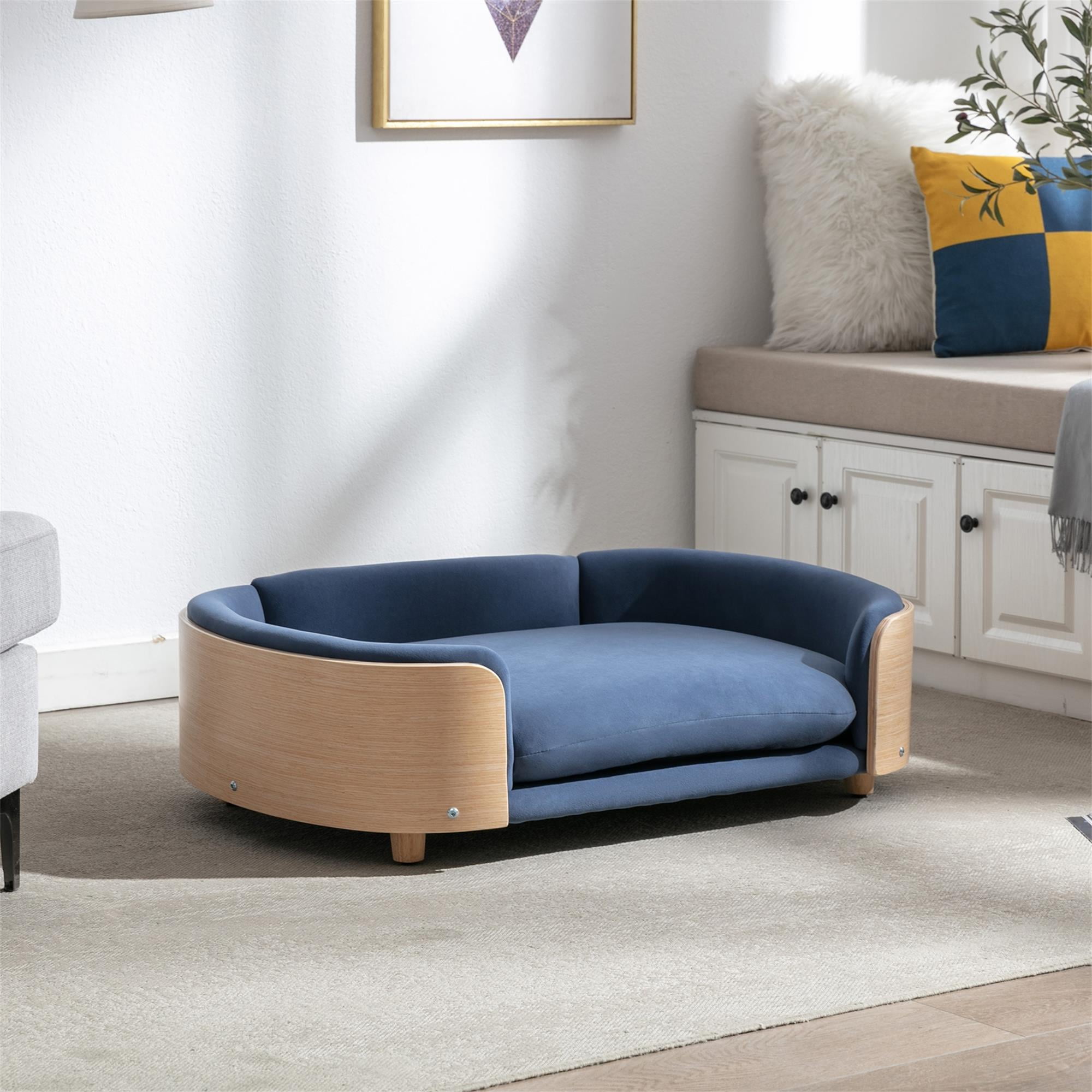 Pefilos 38" Elevated Dog Bed Pet Sofa with Solid Wood Legs and Bent Back, Cat Sofa Bed Velvet Cushion Couch Furniture, Blue Pefilos 38" Elevated Dog Bed Pet Sofa with Solid Wood Legs and Bent Back, Cat Sofa Bed Velvet Cushion Couch Furniture, Blue