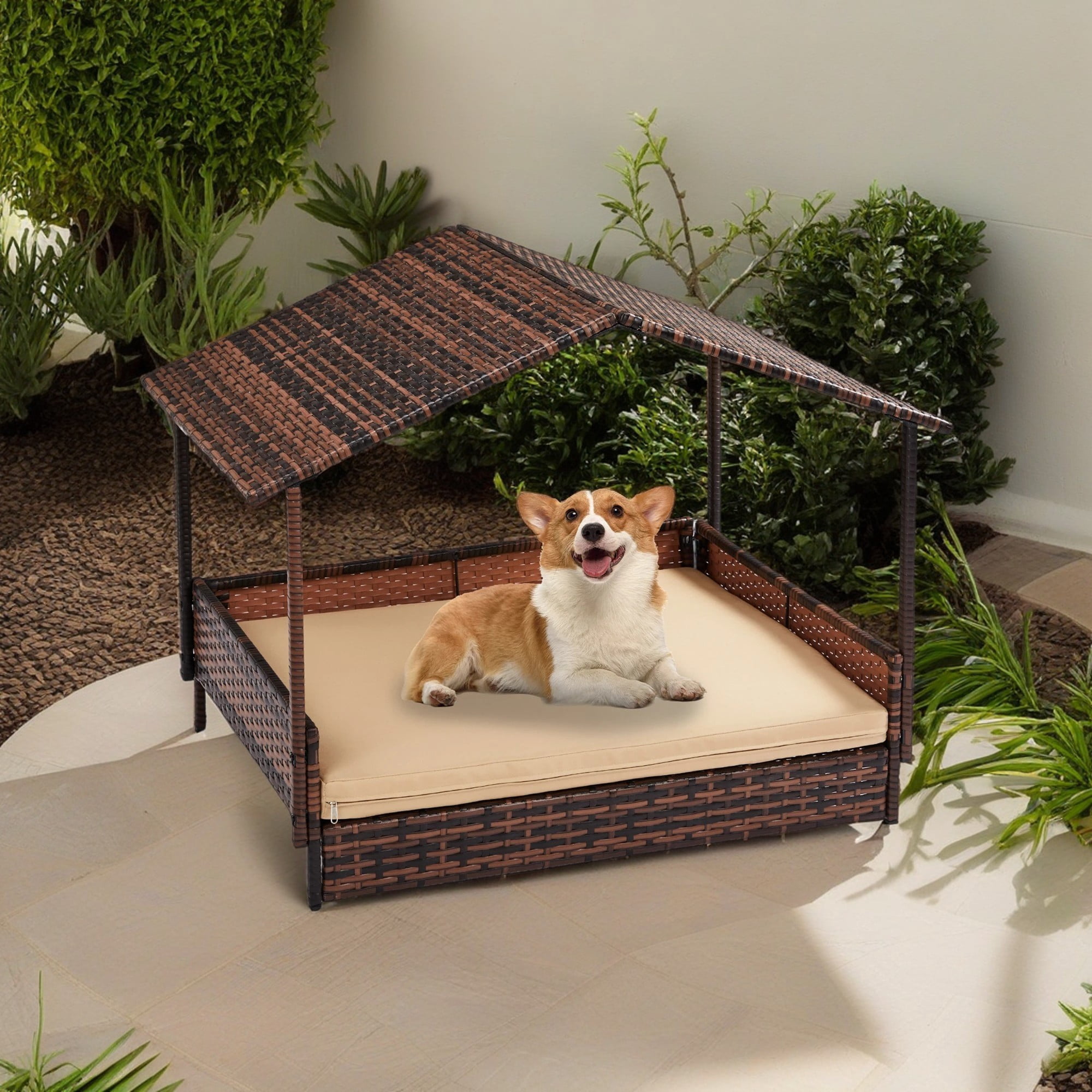 Photo inspiration: Picture Idea: Pefilos 38 Outdoor Wicker Dog House With Canopy Elevated Rattan
