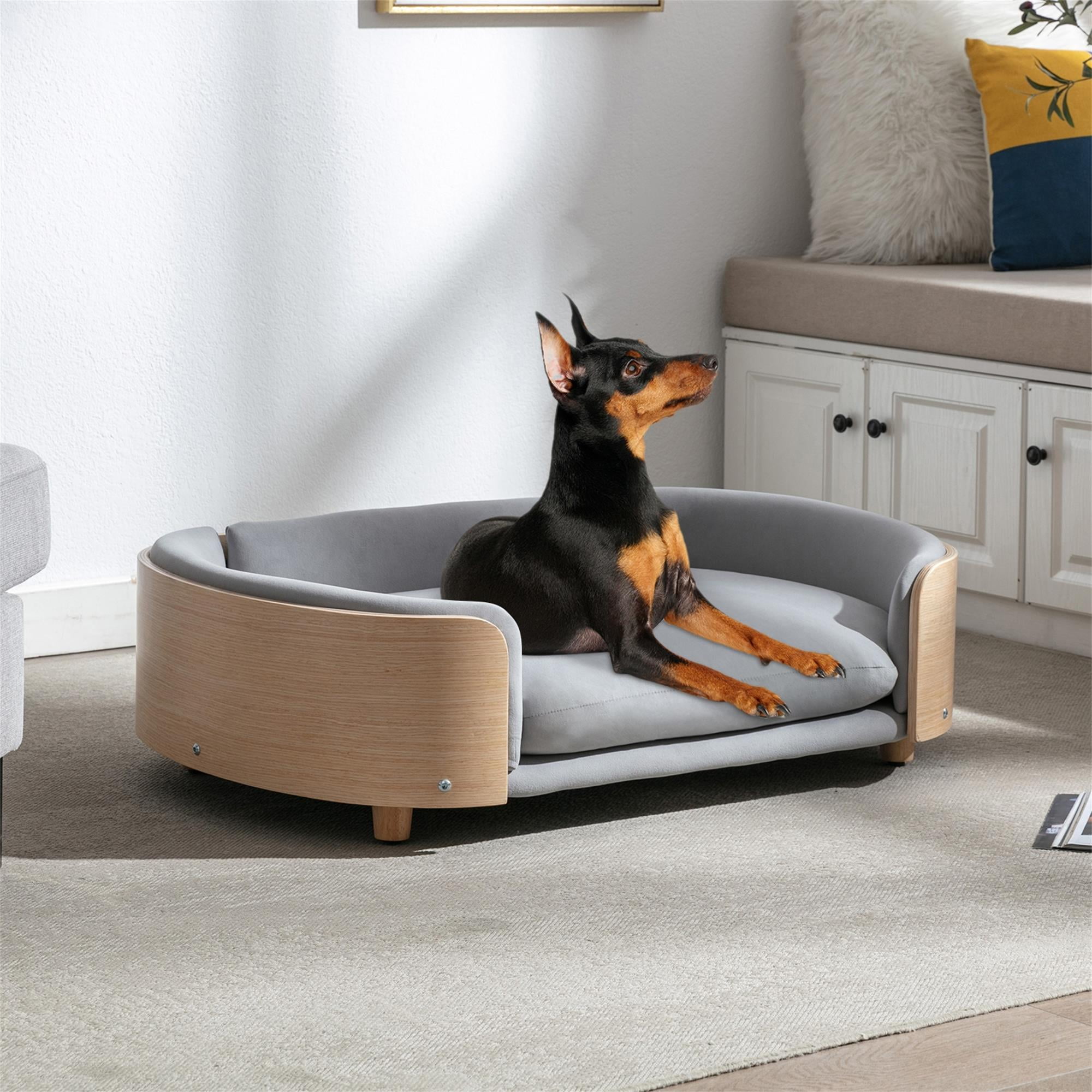 Pefilos 38" Elevated Dog Bed Pet Sofa with Solid Wood Legs and Bent Back, Cat Sofa Bed Velvet Cushion Couch Furniture, Gray Pefilos 38" Elevated Dog Bed Pet Sofa with Solid Wood Legs and Bent Back, Cat Sofa Bed Velvet Cushion Couch Furniture, Gray