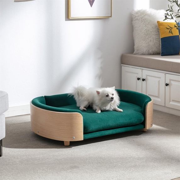Pefilos 38" Elevated Dog Bed Pet Sofa with Solid Wood Legs and Bent Back, Cat Sofa Bed Velvet Cushion Couch Furniture, Green