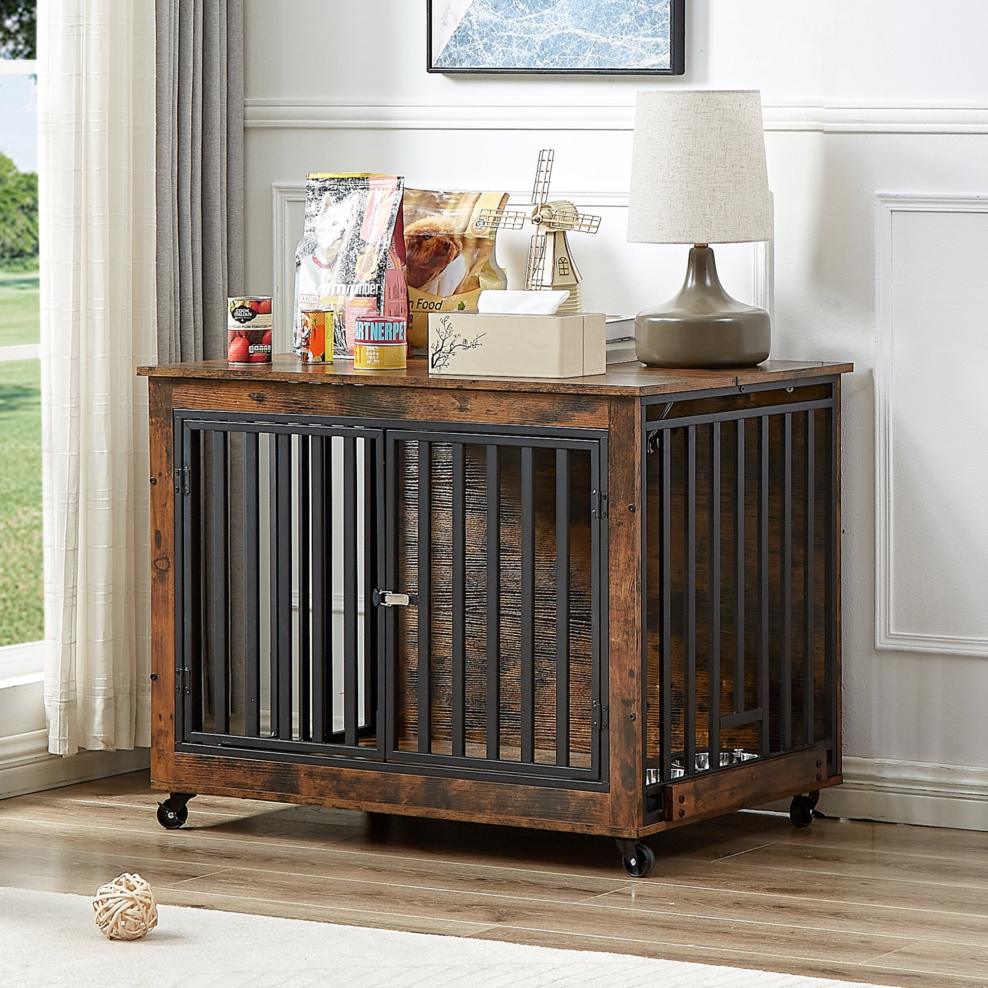 Pefilos 38" Furniture Style Dog Crate with Feeding Bowl, Wheels, Three Doors Kennel, Indoor Dog Cage Flip-Up Top Opening, Brown Pefilos 38" Furniture Style Dog Crate with Feeding Bowl, Wheels, Three Doors Kennel, Indoor Dog Cage Flip-Up Top Opening, Brown