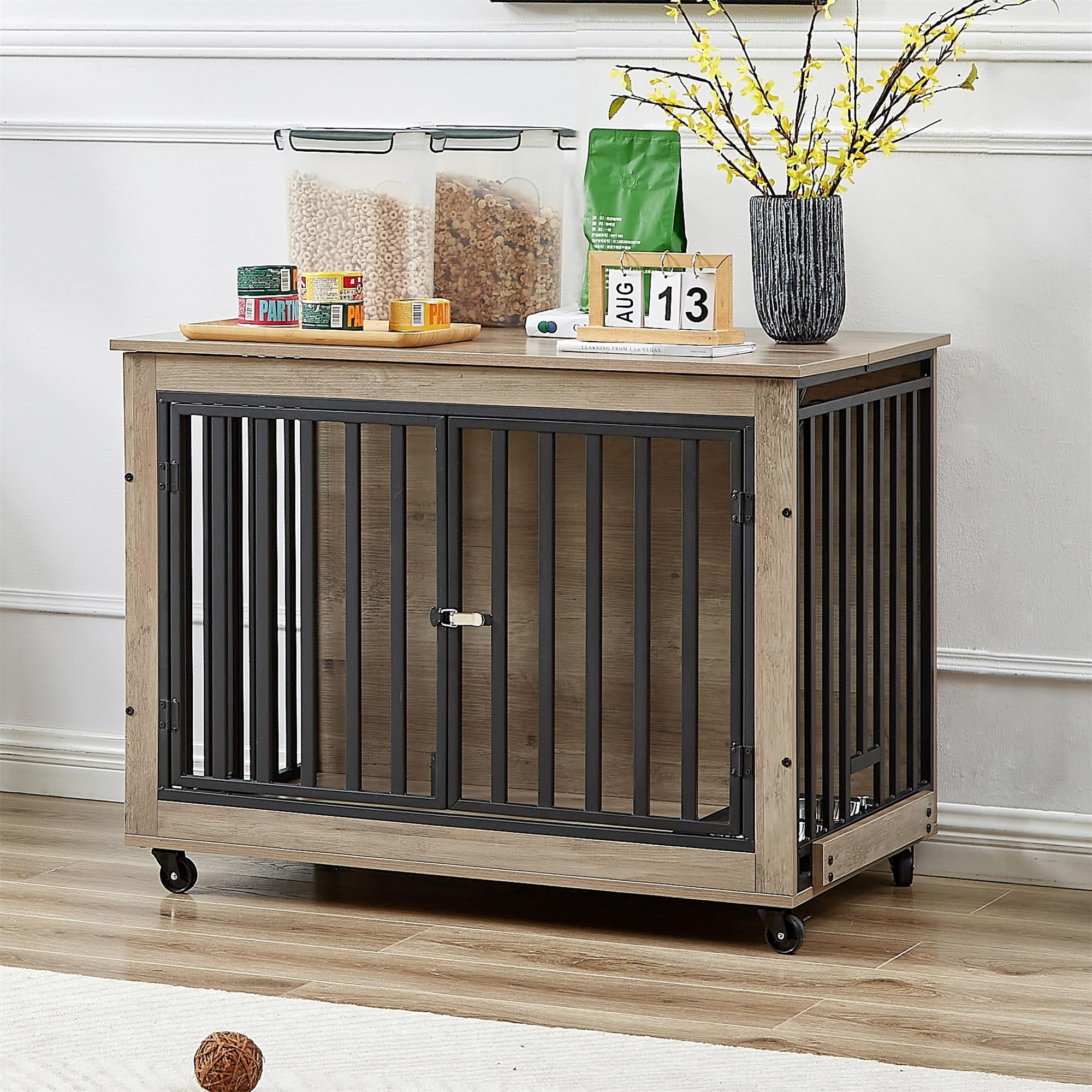 Pefilos 38" Furniture Style Dog Crate with Feeding Bowl, Wheels, Three Doors Kennel, Indoor Dog Cage Flip-Up Top Opening, Gray Pefilos 38" Furniture Style Dog Crate with Feeding Bowl, Wheels, Three Doors Kennel, Indoor Dog Cage Flip-Up Top Opening, Gray