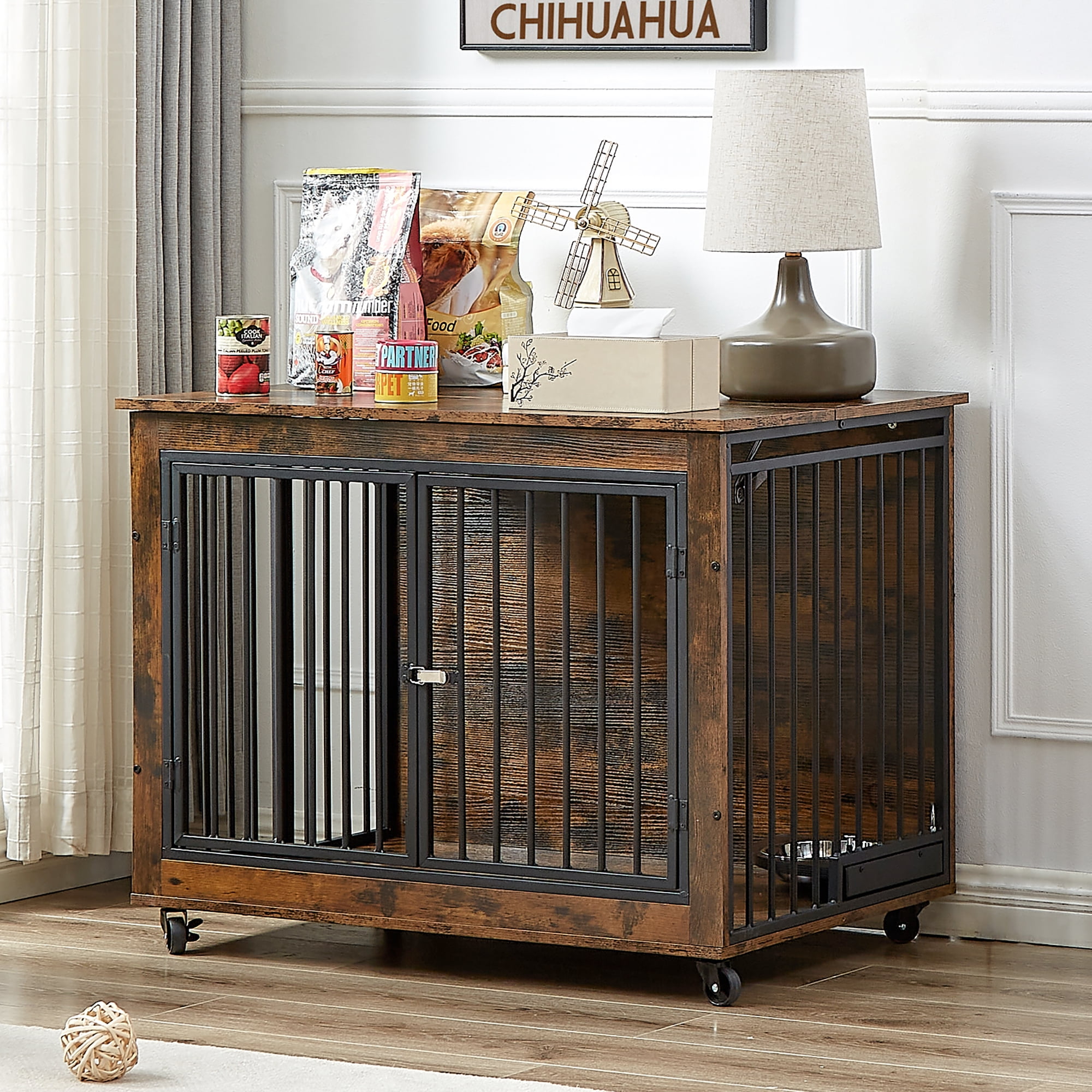 Pefilos 38" Furniture Style Dog Crate with Rotatable Feeding Bowl, Wheels, Three Doors Kennel, Indoor Dog Cage Flip-Up Top Opening, Brown Pefilos 38" Furniture Style Dog Crate with Rotatable Feeding Bowl, Wheels, Three Doors Kennel, Indoor Dog Cage Flip-Up Top Opening, Brown