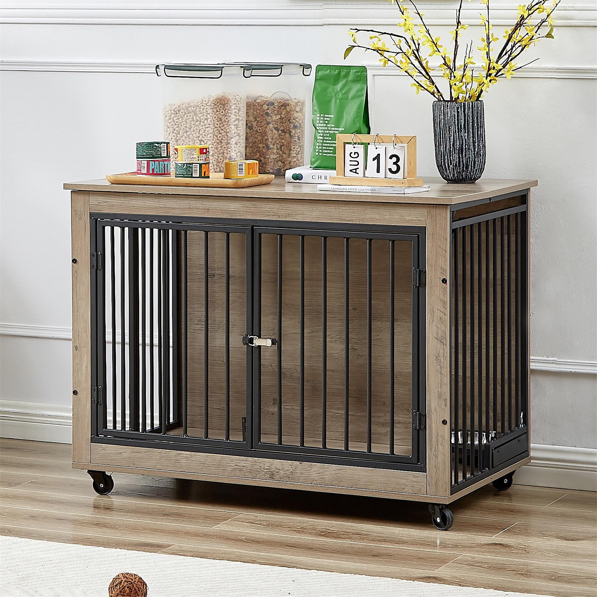 Pefilos 38" Furniture Style Dog Crate with Rotatable Feeding Bowl, Wheels, Three Doors Kennel, Indoor Dog Cage Flip-Up Top Opening, Gray Pefilos 38" Furniture Style Dog Crate with Rotatable Feeding Bowl, Wheels, Three Doors Kennel, Indoor Dog Cage Flip-Up Top Opening, Gray