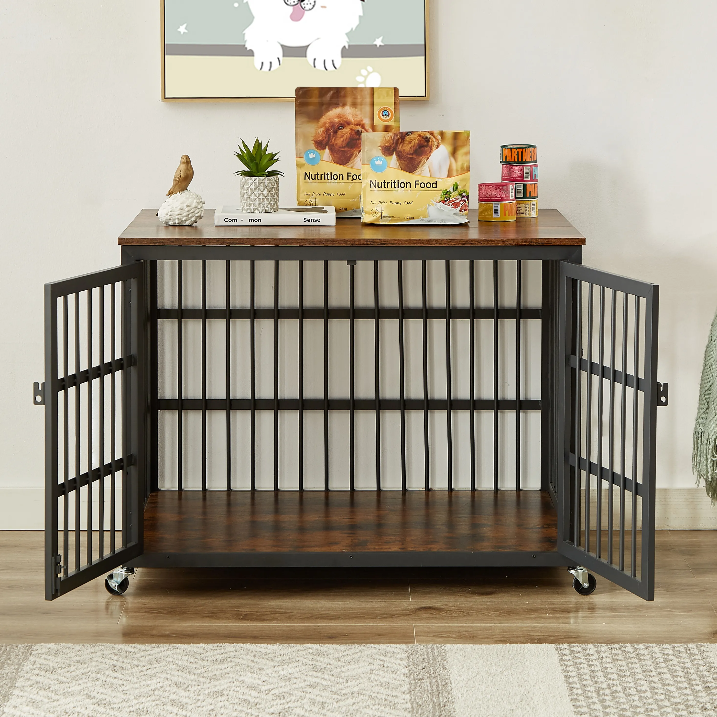 Pefilos 38" Heavy Duty Dog Crate, Furniture Style Dog Cage with Wheels, Dog House Wrought Iron Frame Door with Side Openings, Brown Pefilos 38" Heavy Duty Dog Crate, Furniture Style Dog Cage with Wheels, Dog House Wrought Iron Frame Door with Side Openings, Brown
