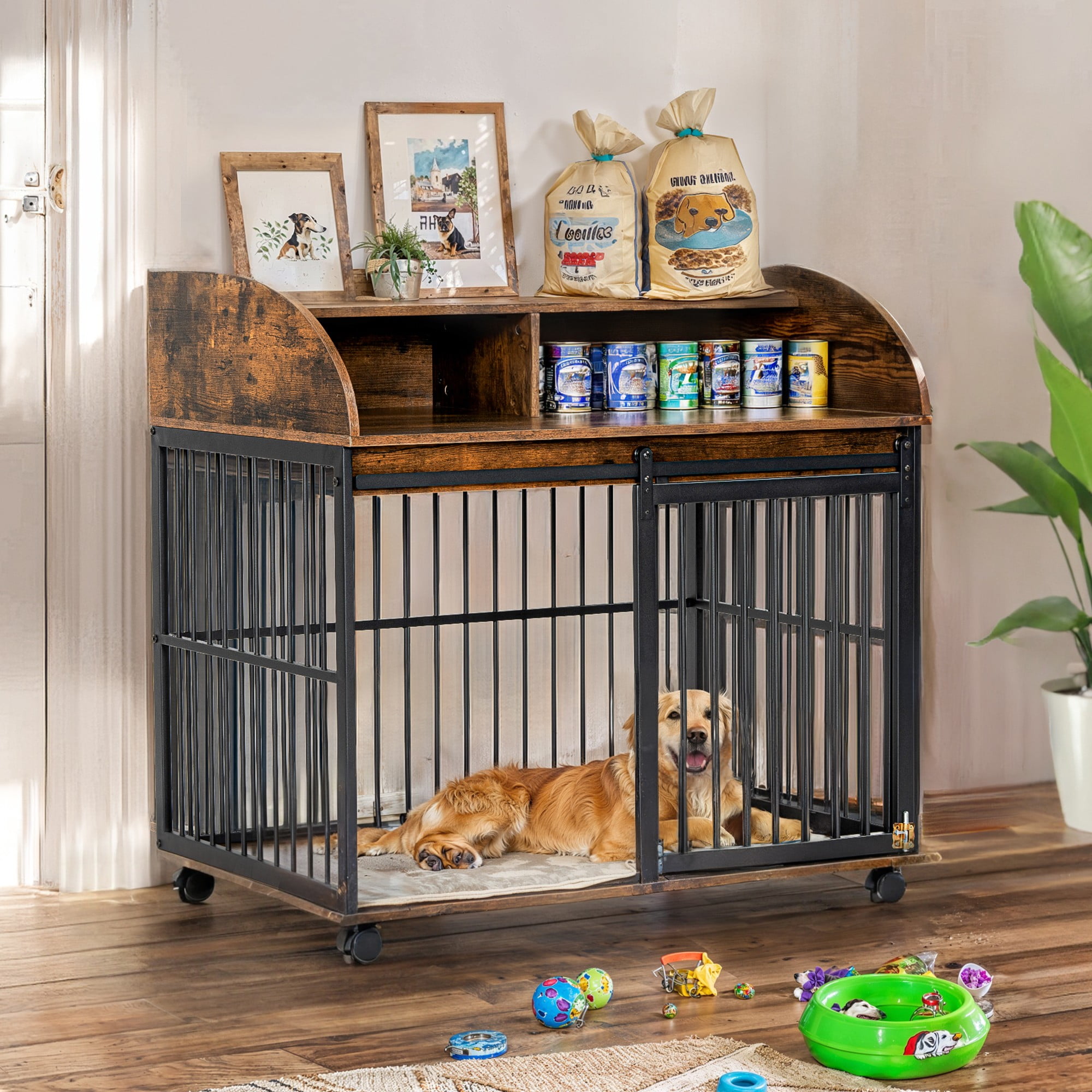 Pefilos 38" Heavy Duty Dog Crate Furniture for Medium Dog with Lockable Wheels, Wood Dog Cage Kennel with Double Layer Storage, Brown Pefilos 38" Heavy Duty Dog Crate Furniture for Medium Dog with Lockable Wheels, Wood Dog Cage Kennel with Double Layer Storage, Brown