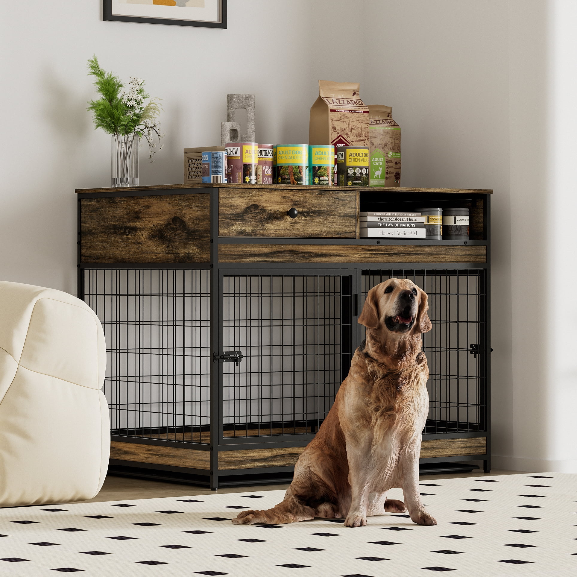 Pefilos 38" Heavy Duty Dog Crates Furniture, Heavy-Duty Escape Proof Dog Cages, Indoor Double Doors Dog Kennel with Tray, Brown Pefilos 38" Heavy Duty Dog Crates Furniture, Heavy-Duty Escape Proof Dog Cages, Indoor Double Doors Dog Kennel with Tray, Brown