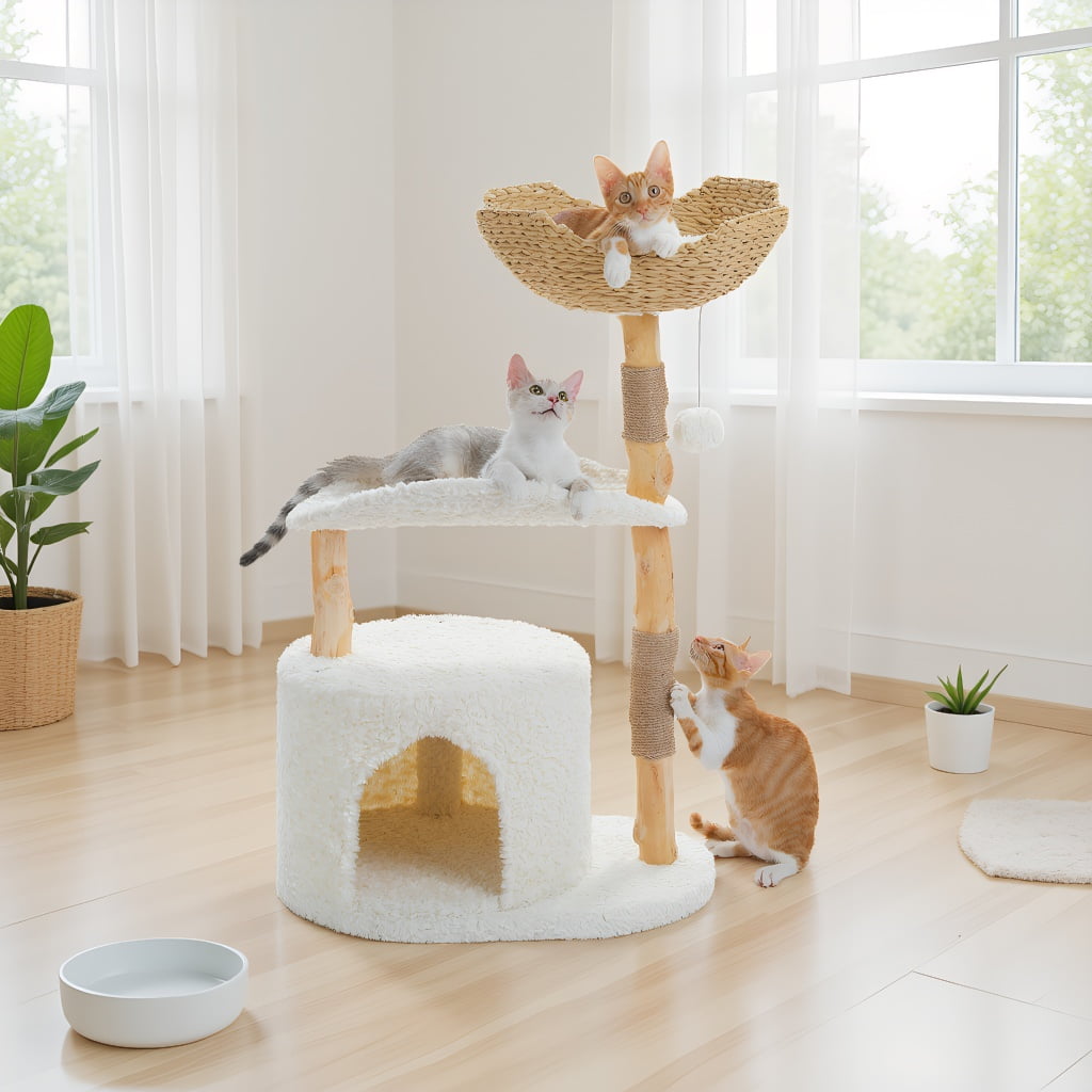 Pefilos 38" Modern Cat Tree Tower with Spacious Wicker Basket, Natural Solid Wood Scratching Posts, Curved Bed, Cat Condo for Indoor Cat, White