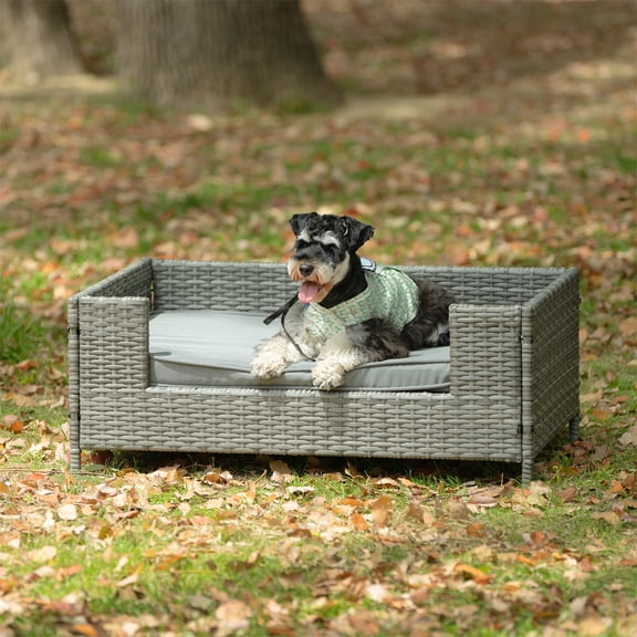Pefilos 38" PE Wicker Dog Sofa Bed Elevated Raised Rattan Pet Bed for Indoor/Outdoor with Removable Cushion Lounge, Gray
