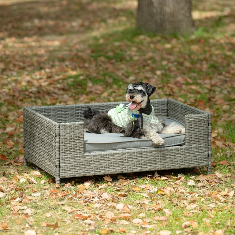 Pefilos 38" PE Wicker Dog Sofa Bed for Medium Dogs Elevated Raised Rattan  Pet Bed for Indoor/Outdoor with Removable Cushion Lounge, Gray