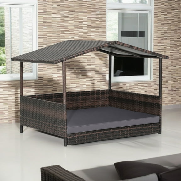 Pefilos 38" Pet Bed for Cat and Dog with Cushion Cover, Outdoor Weatherproof Roof PE Wicker Dog House Furniture, Dog Bed with Canopy, Brown