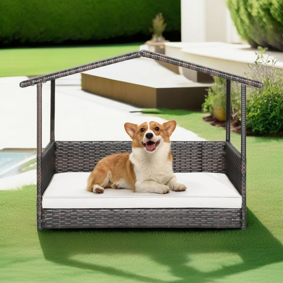 Pefilos 38" Pet Bed for Cat and Dog with Cushion Cover, Outdoor Weatherproof Roof PE Wicker Dog House Furniture, Dog Bed with Canopy, Brown