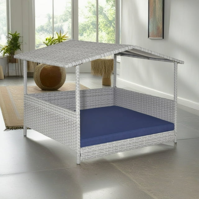 Pefilos 38" Pet Bed for Cat and Dog with Cushion Cover, Outdoor Weatherproof Roof PE Wicker Dog House Furniture, Dog Bed with Canopy, Gray