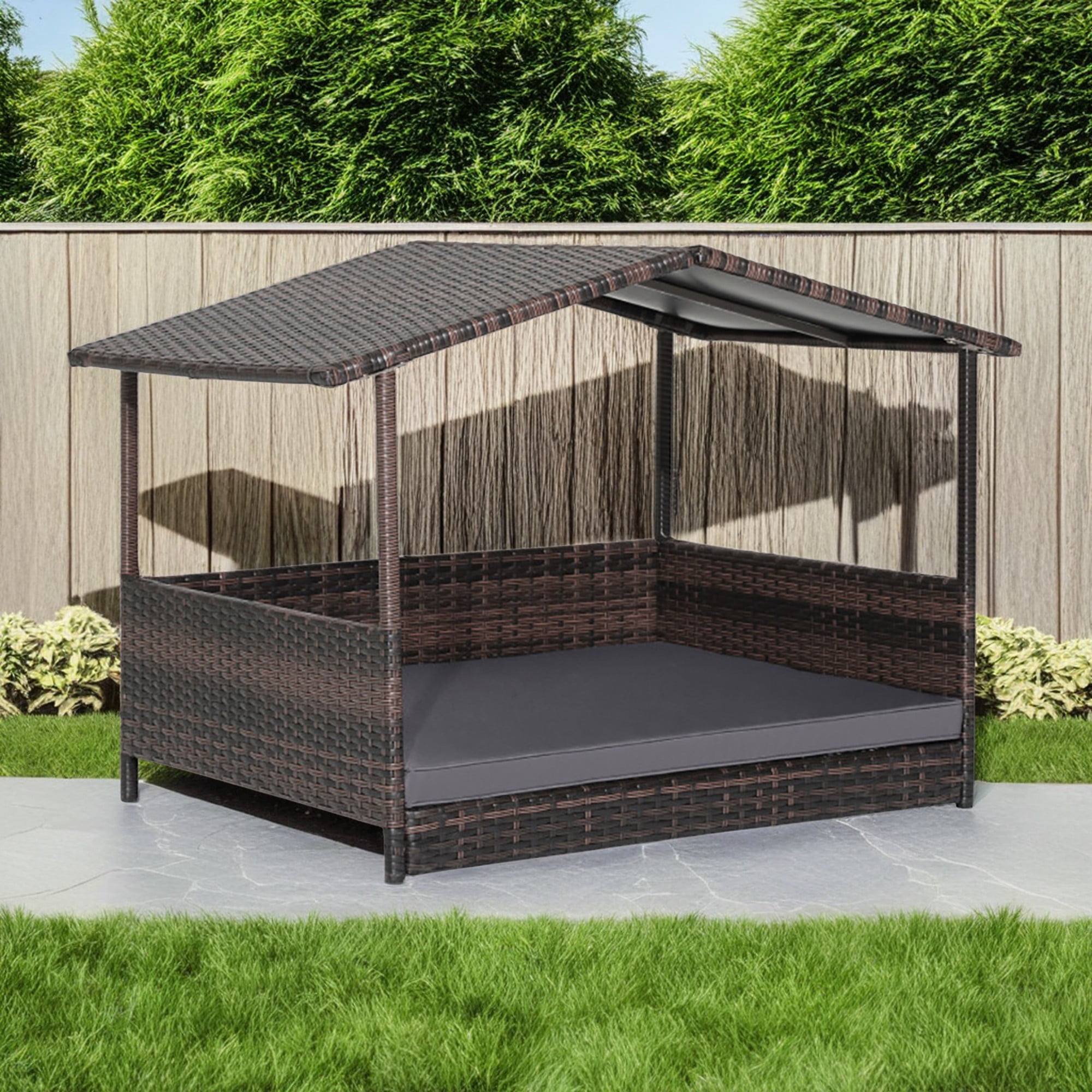 Pefilos 38" Pet Dog Bed Furniture with Provide Pet Mat, Outdoor PE Wicker Dog House for Cat and Dog with Waterproof Roof Kennel, Brown+Gray
