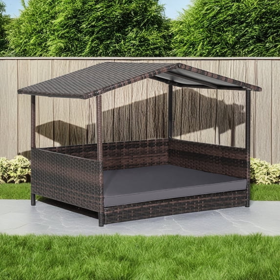 Pefilos 38" Pet Dog Bed Furniture with Provide Pet Mat, Outdoor PE Wicker Dog House for Cat and Dog with Waterproof Roof Kennel, Brown+Gray