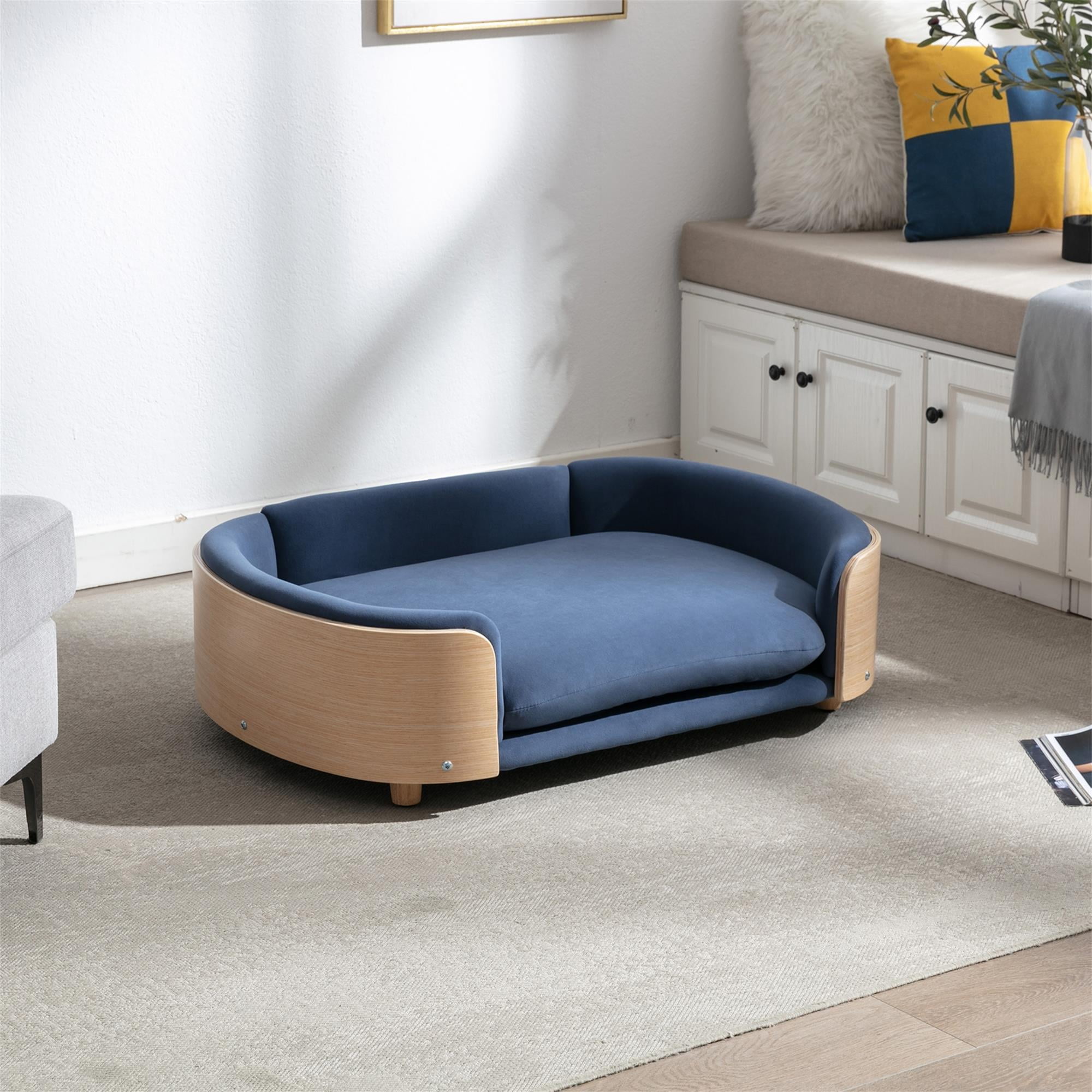 Pefilos 38" Pet Sofa Dog Bed for Medium Dogs with Wood Legs and Bent Back, Cat Sofa Bed for Indoor Cats, Pet Snuggle Couch Furniture, Blue Pefilos 38" Pet Sofa Dog Bed for Medium Dogs with Wood Legs and Bent Back, Cat Sofa Bed for Indoor Cats, Pet Snuggle Couch Furniture, Blue