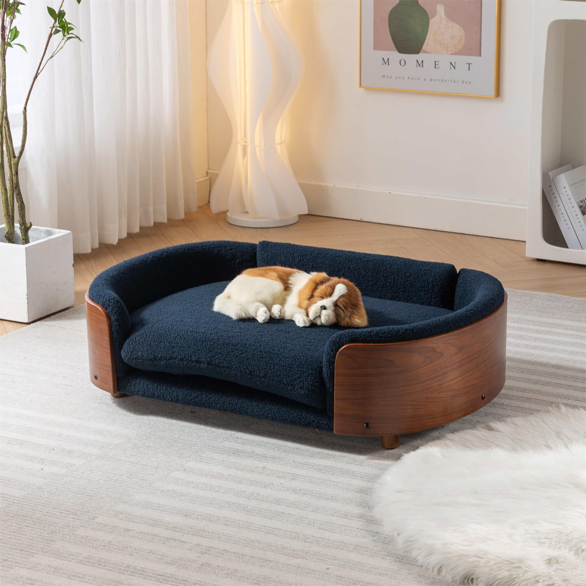 Pefilos 38" Pet Sofa for Indoors Dogs, Cat and Dog Bed with Solid Wood Legs and Walnut Bent Wood Back, Cashmere Cushion, Blue Pefilos 38" Pet Sofa for Indoors Dogs, Cat and Dog Bed with Solid Wood Legs and Walnut Bent Wood Back, Cashmere Cushion, Blue