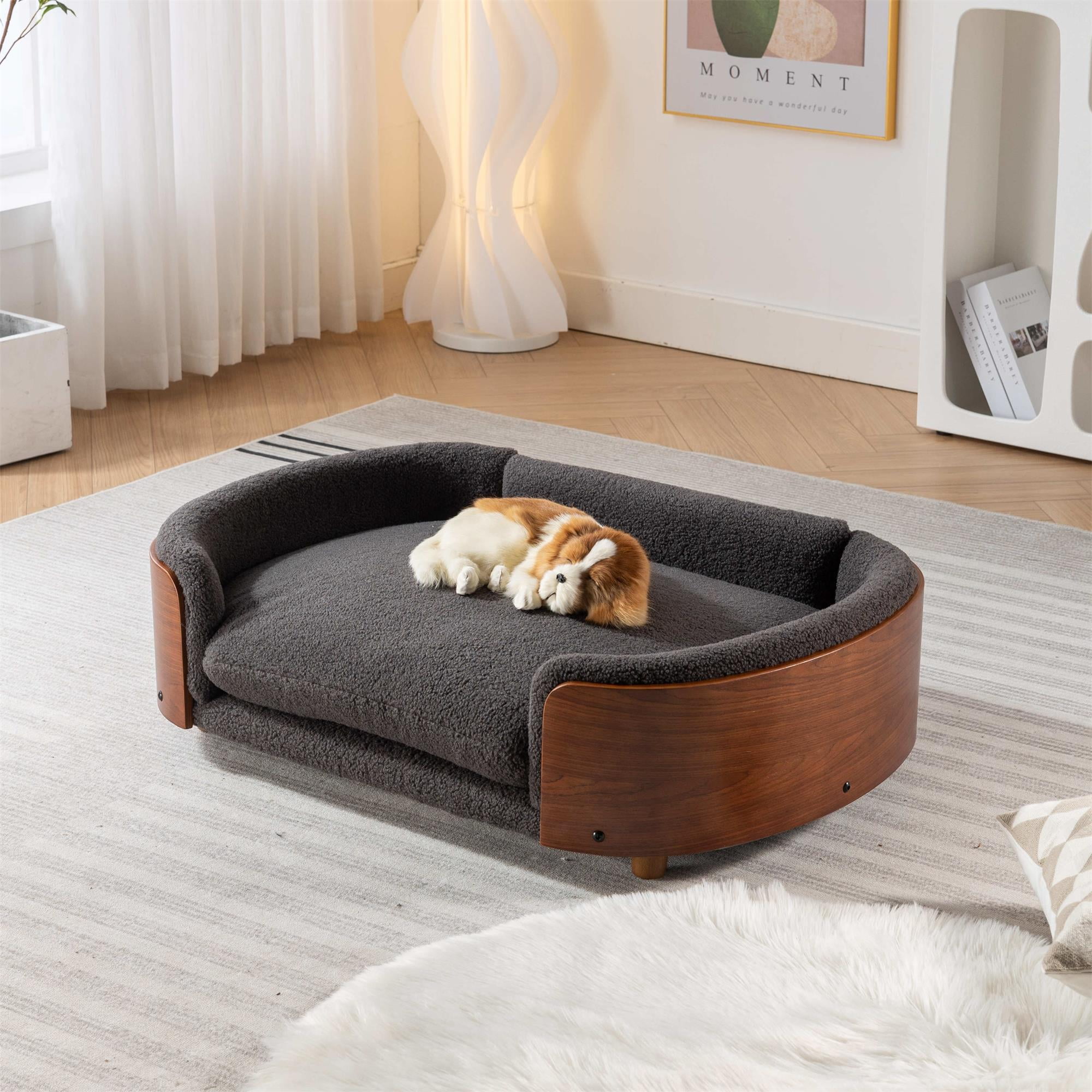 Pefilos 38" Pet Sofa for Indoors Dogs, Cat and Dog Bed with Solid Wood Legs and Walnut Bent Wood Back, Cashmere Cushion, Gray Pefilos 38" Pet Sofa for Indoors Dogs, Cat and Dog Bed with Solid Wood Legs and Walnut Bent Wood Back, Cashmere Cushion, Gray