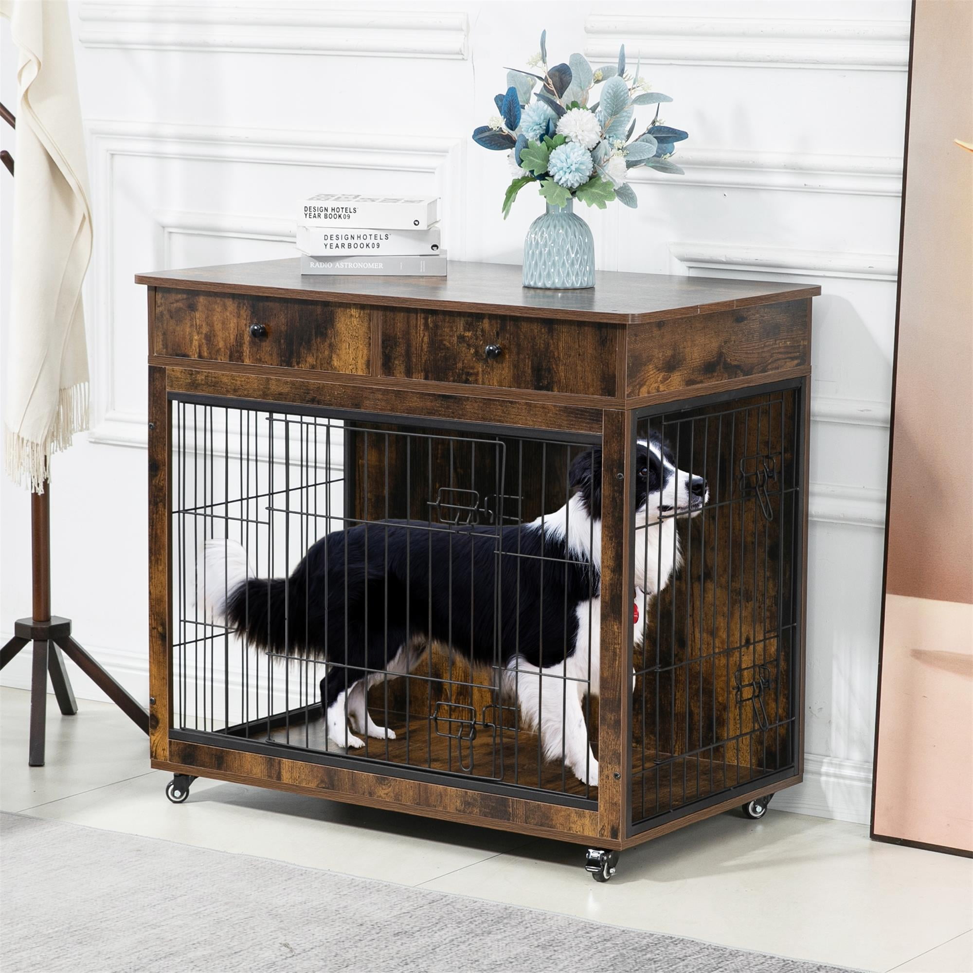 Pefilos 38" Wooden Dog Crate Furniture, Dog Kennel with Drawer, Indoor Dog House for Large Dog, Steel-Wire Dog Cage, Chew-Proof, Brown Pefilos 38" Wooden Dog Crate Furniture, Dog Kennel with Drawer, Indoor Dog House for Large Dog, Steel-Wire Dog Cage, Chew-Proof, Brown