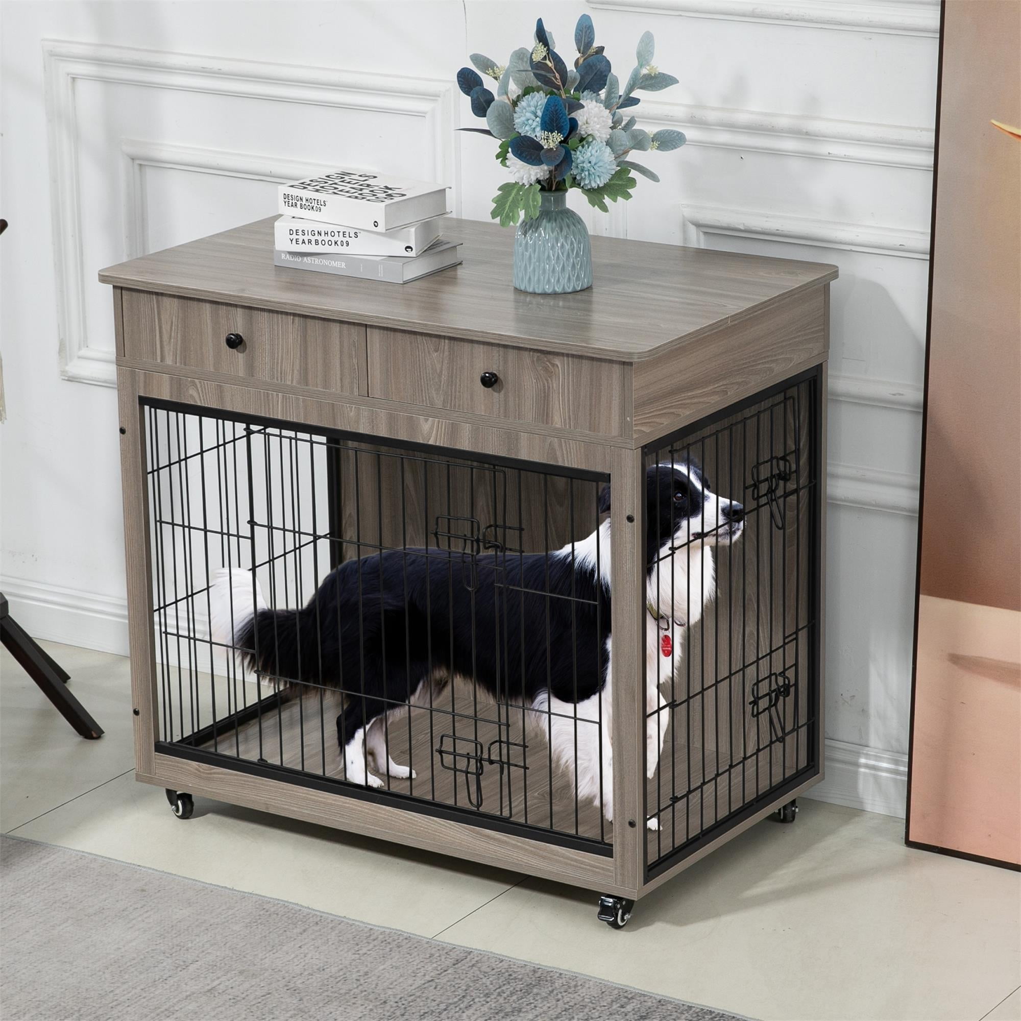 Pefilos 38" Wooden Dog Crate Furniture, Dog Kennel with Drawer, Indoor Dog House for Large Dog, Steel-Wire Dog Cage, Chew-Proof, Gray Pefilos 38" Wooden Dog Crate Furniture, Dog Kennel with Drawer, Indoor Dog House for Large Dog, Steel-Wire Dog Cage, Chew-Proof, Gray
