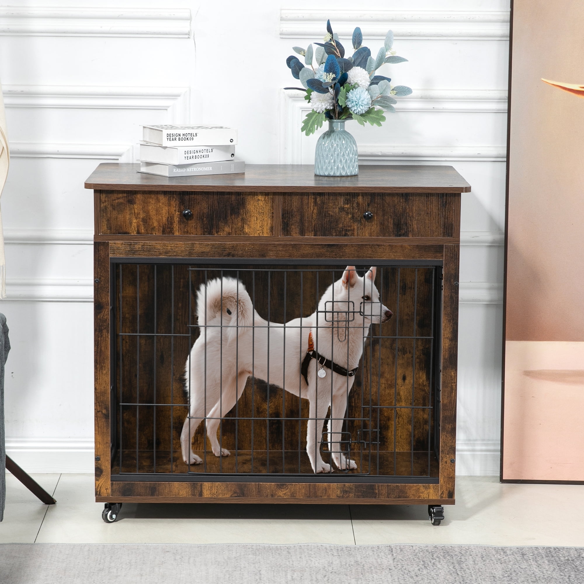 Pefilos 38" Wooden Dog Crate Furniture with 2 Drawers Storage, Indoor Dog Kennel, Heavy Duty Dog Cage for Large, Brown Pefilos 38" Wooden Dog Crate Furniture with 2 Drawers Storage, Indoor Dog Kennel, Heavy Duty Dog Cage for Large, Brown