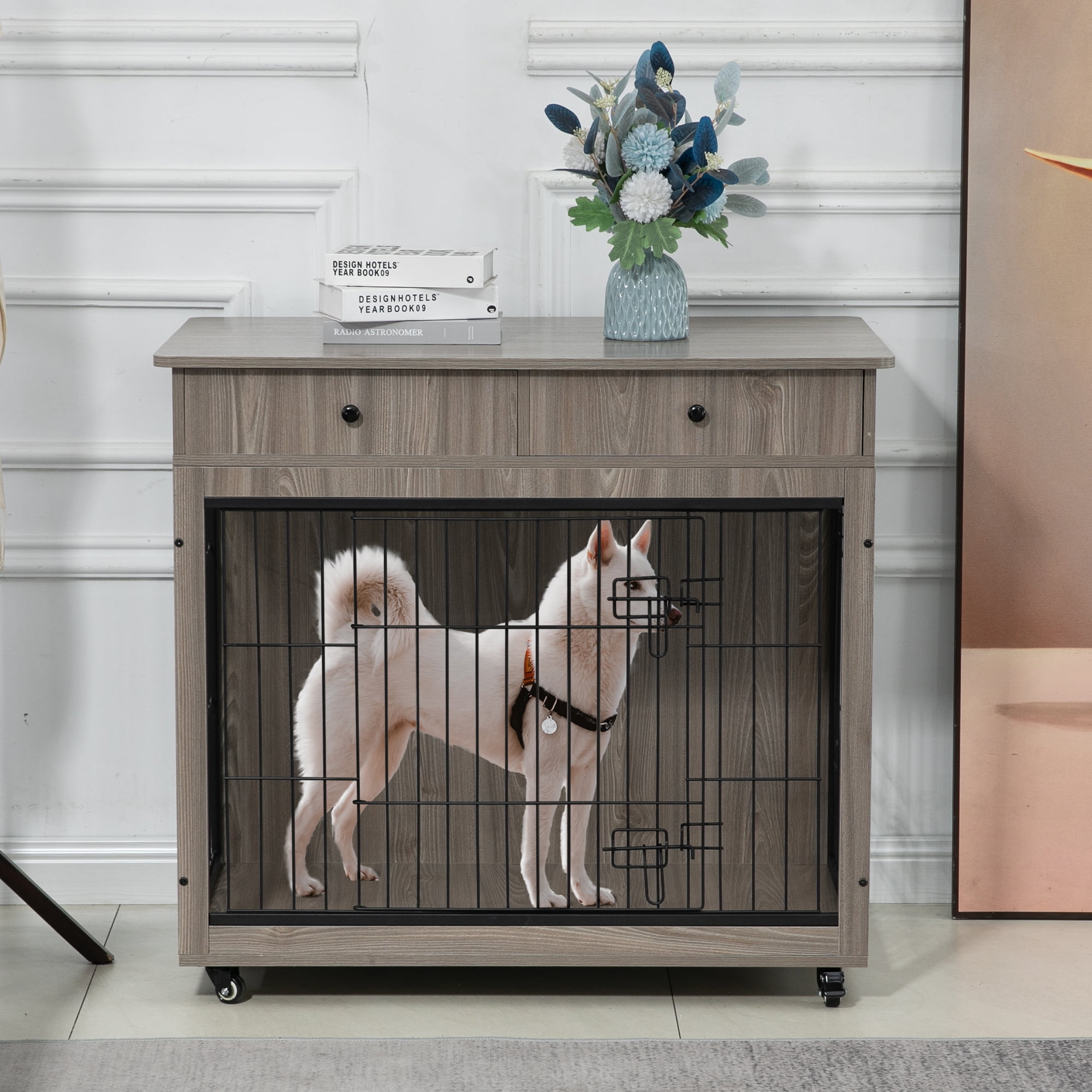 Pefilos 38" Wooden Dog Crate Furniture with 2 Drawers Storage, Indoor Dog Kennel, Heavy Duty Dog Cage for Large, Gray Pefilos 38" Wooden Dog Crate Furniture with 2 Drawers Storage, Indoor Dog Kennel, Heavy Duty Dog Cage for Large, Gray