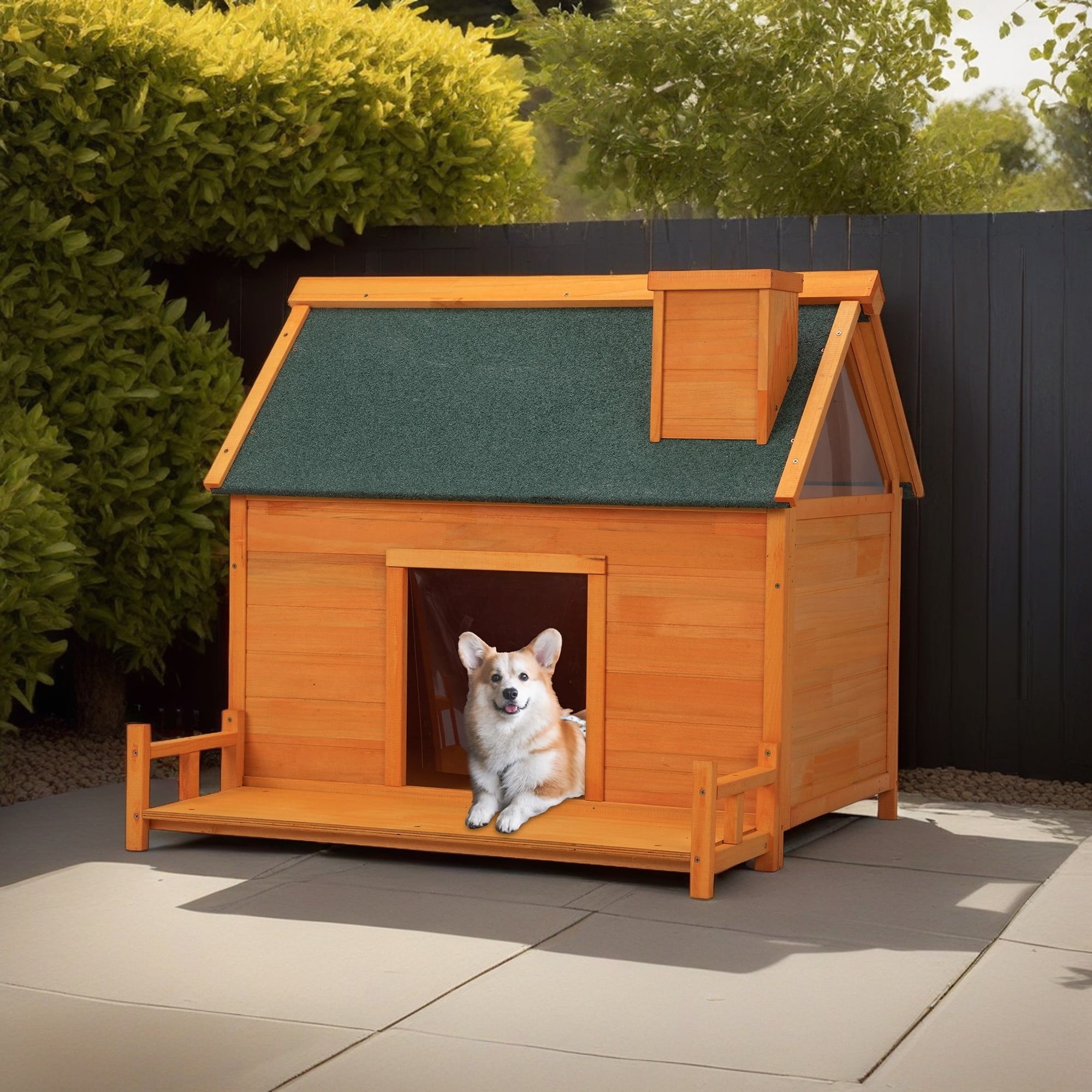 Pefilos 38" Wooden Dog House for Indoor Dogs, Outdoor Waterproof Dog Kennel, Log Cabin Style with Porch, Elevated Floor, PVC Curtain, Orange Pefilos 38" Wooden Dog House for Indoor Dogs, Outdoor Waterproof Dog Kennel, Log Cabin Style with Porch, Elevated Floor, PVC Curtain, Orange