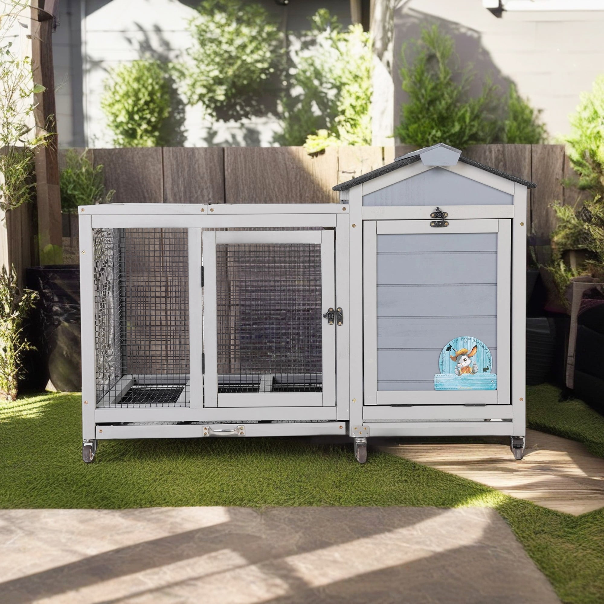 Pefilos 38" Wooden Rabbit Hutch with Wheels, Run, Doors, Sunlight Roof, No Leaking Tray, Outdoor Indoor Chicken Coop Guinea Pig Hutch Outdoor, Gray