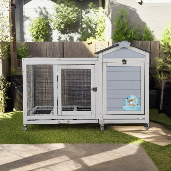 Pefilos 38" Wooden Rabbit Hutch with Wheels, Run, Doors, Sunlight Roof, No Leaking Tray, Outdoor Indoor Chicken Coop Guinea Pig Hutch Outdoor, Gray