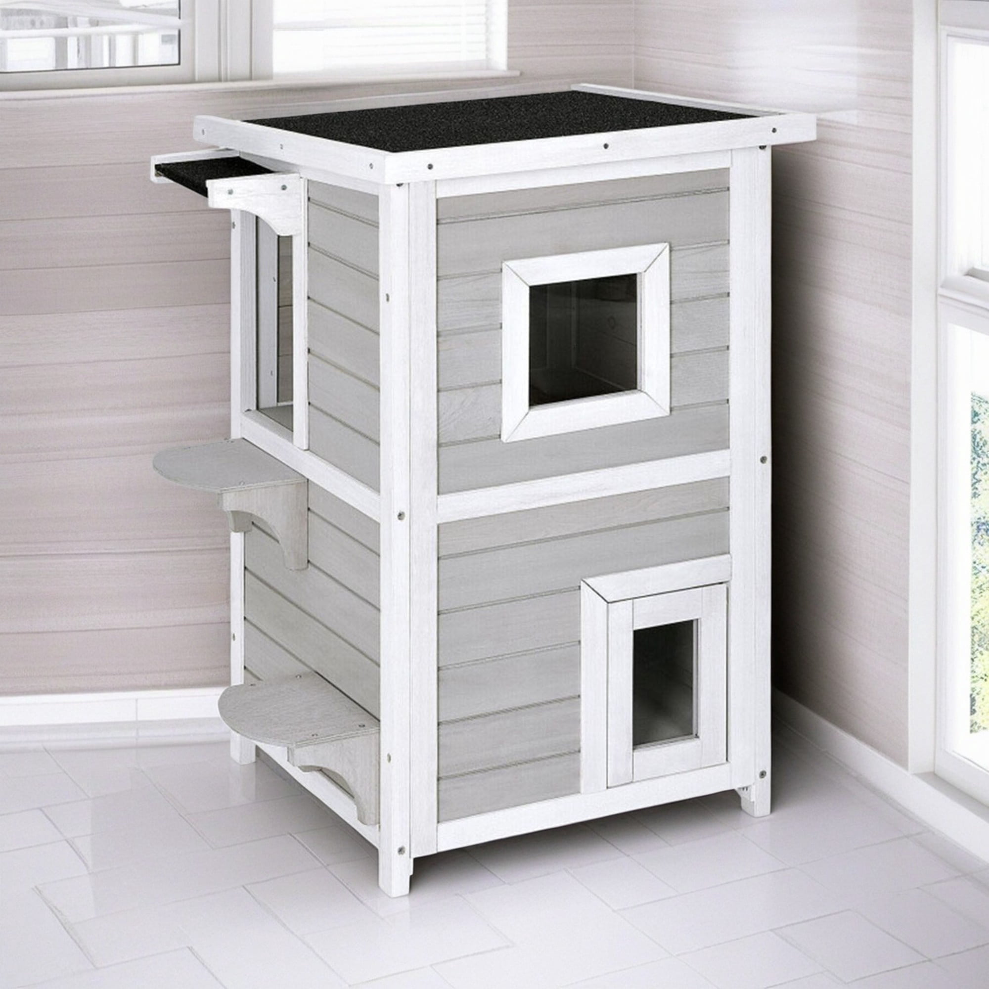 Pefilos 32" 2-Story Cat House for Outdoor Cats, Weatherproof Cat Shelter with Escape Door, Wood Cat Condo for 3 Adult Cats, Gray