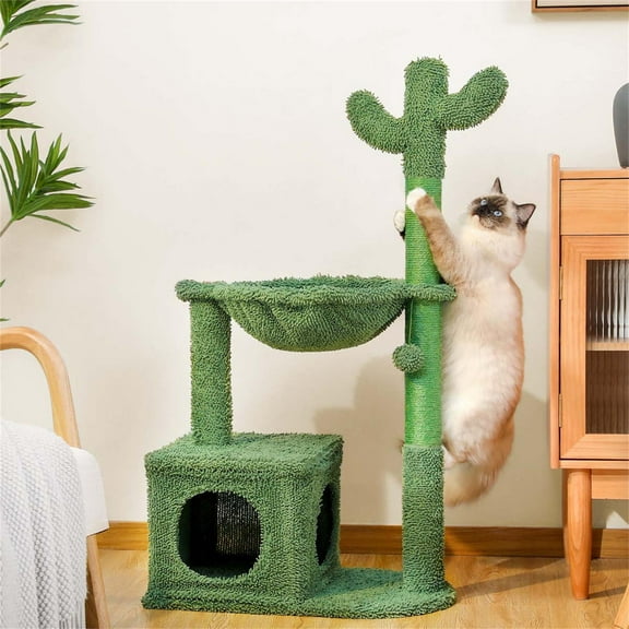 Pefilos 39" Cactus Cat Tree Tower with Sisal Covered Scratching Post, Cozy Condo with Fluffy Balls, Indoor Cat Condo for Multiple Cats, Green