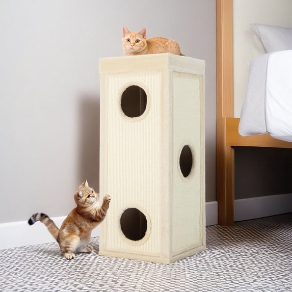 Pefilos 39" Cat House for Indoor Cats, Cat Condo Scratcher Furniture, Cat Cave Bed with Scratching Posts, 3 Hideaways, 4 Soft Plush Cushion, Beige