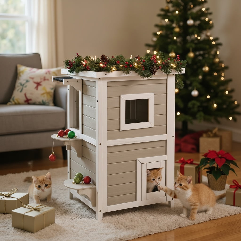 Walmart savings: Pefilos 39" 2-Story Wooden Cat House, Weatherproof Indoor/Outdoor Shelter, Escape Door, Gray